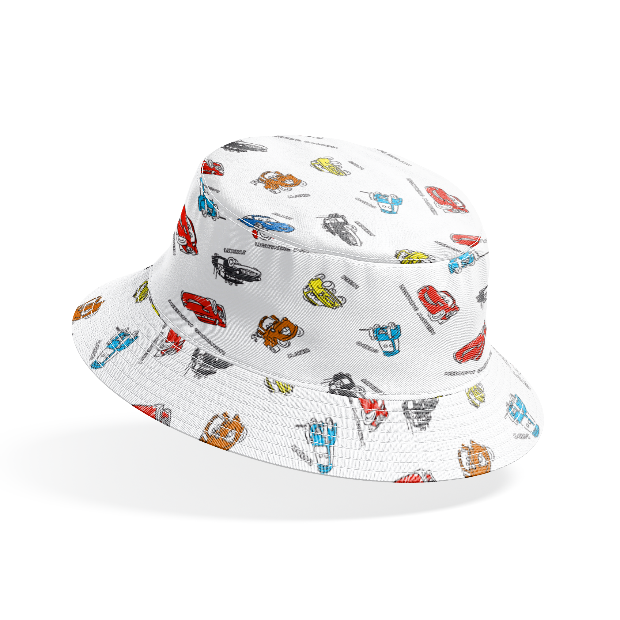 Colorful cartoon race cars in various colors scattered on white background with small text labels bucket hat mockup