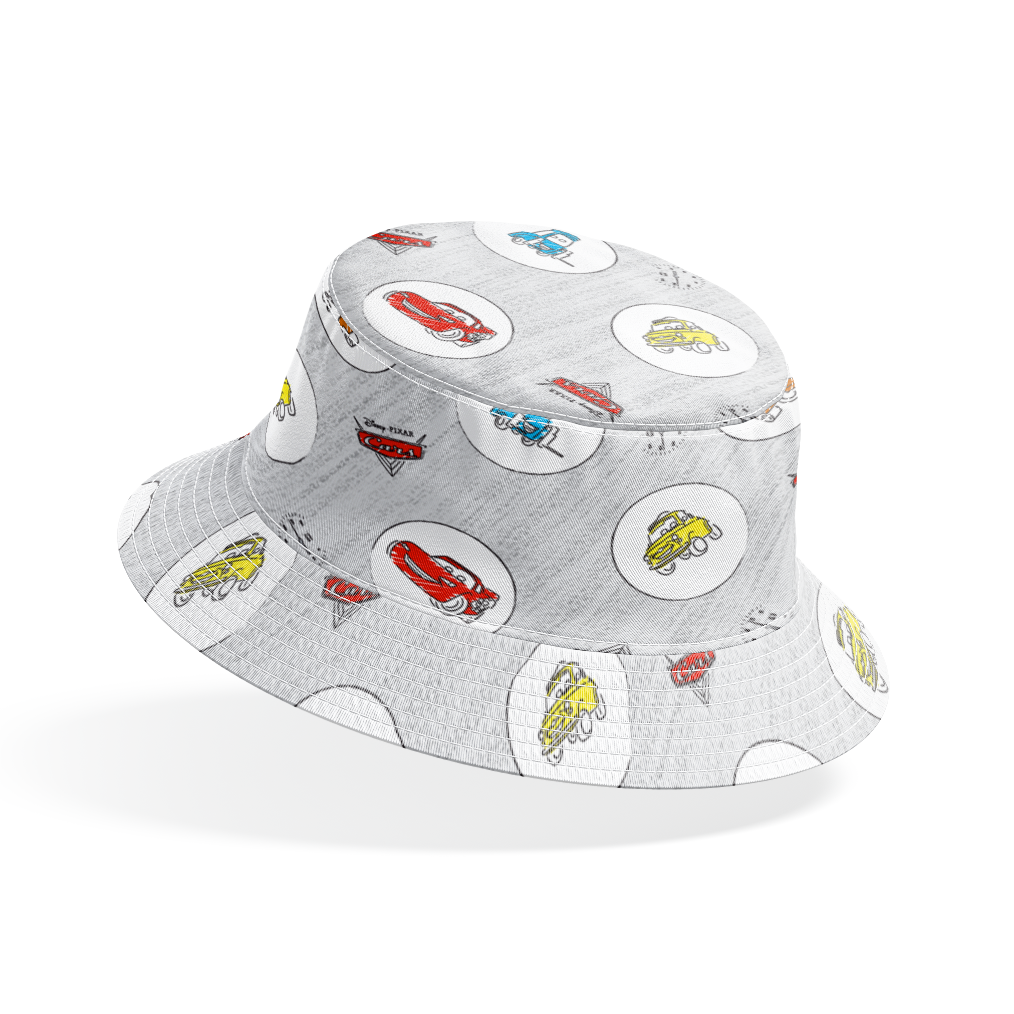Cartoon Cars movie characters in white circles on a light gray sketched background with Cars logos bucket hat mockup