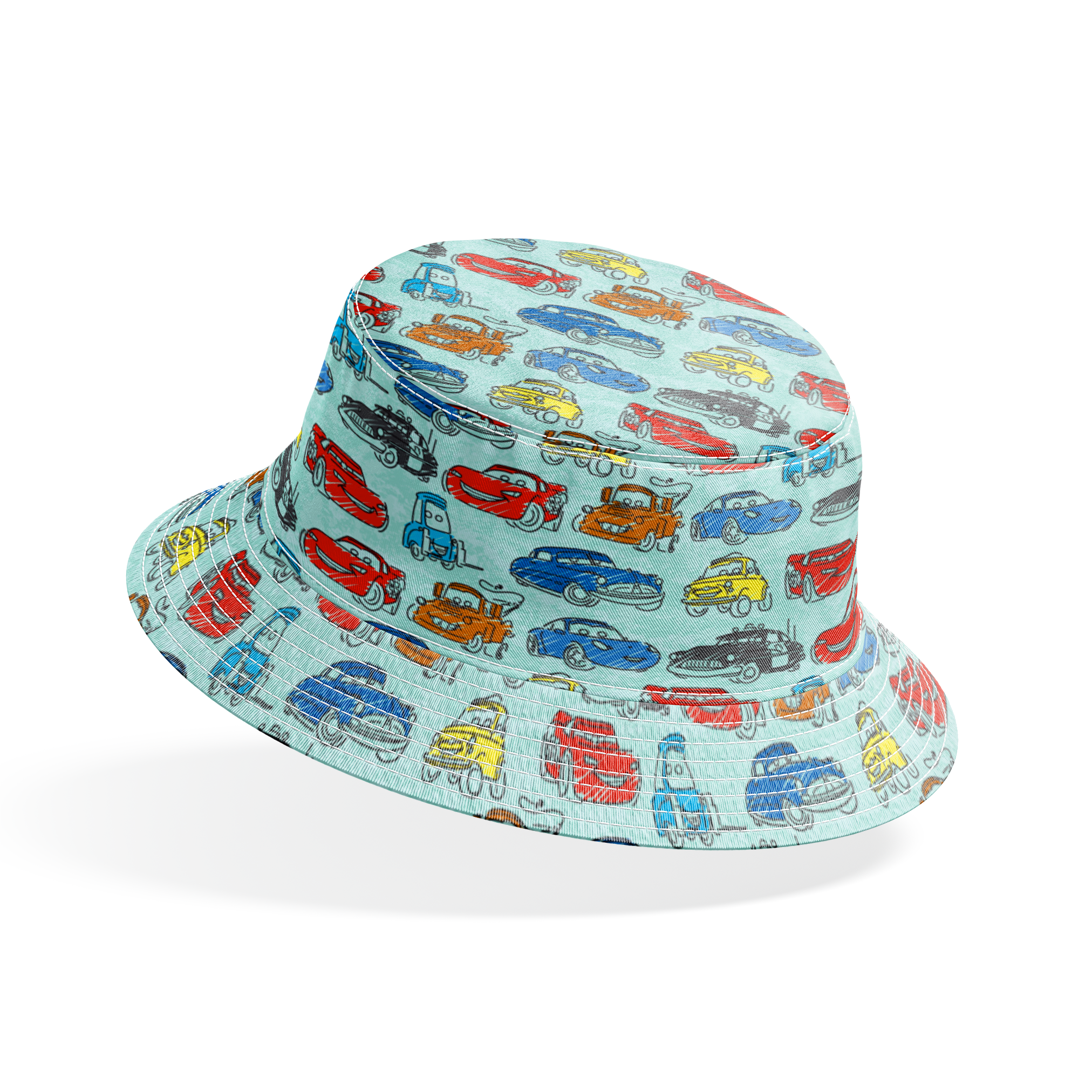 Colorful cartoon cars pattern including red racecars, blue sedans, yellow coupes, and tow trucks on light blue background bucket hat mockup