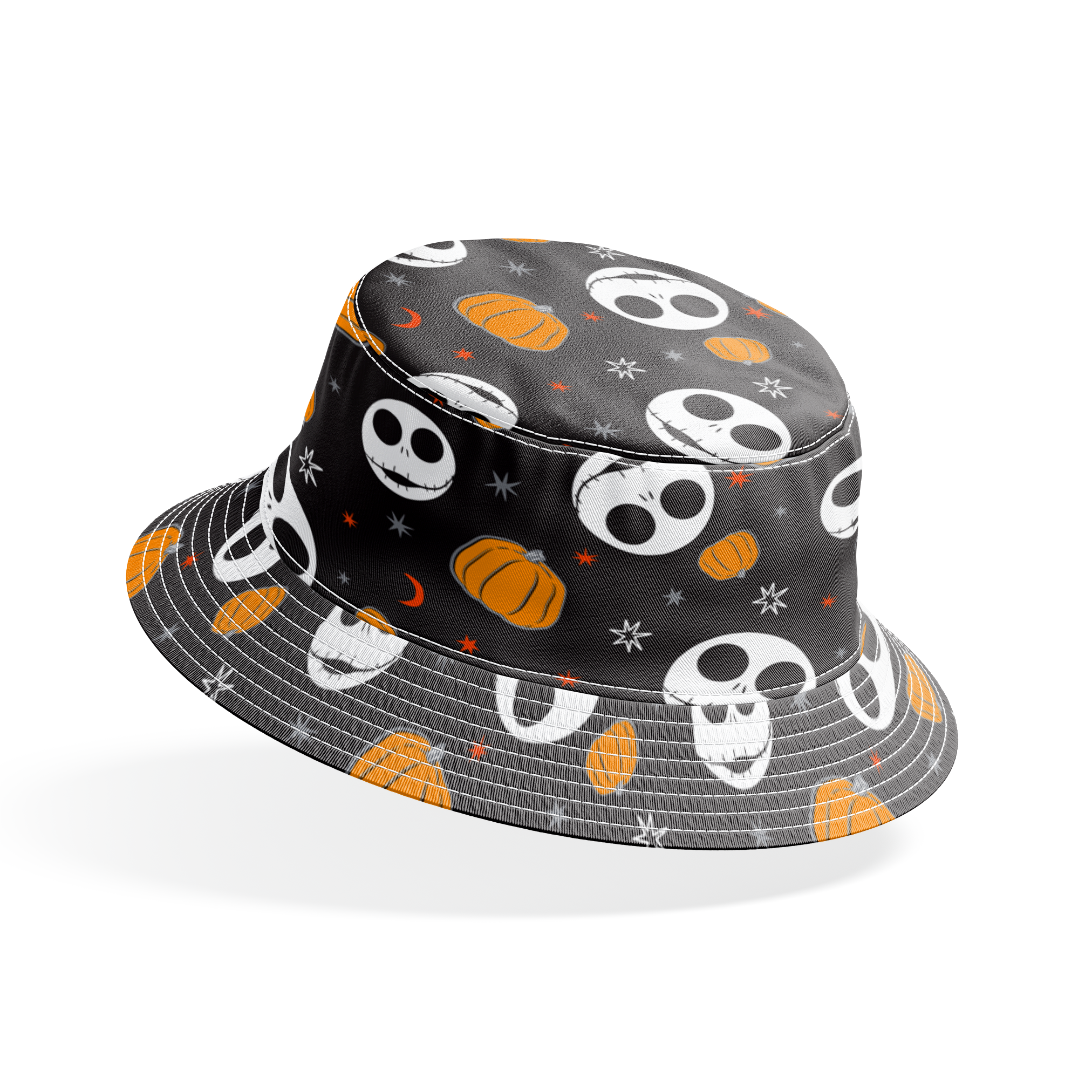 Halloween pattern with Nightmare Before Christmas characters, orange pumpkins, stars and crescent moons on black background bucket hat mockup
