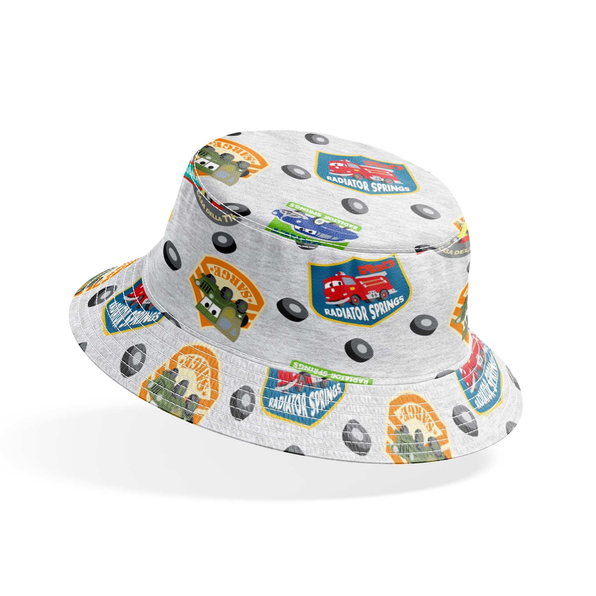 Cartoon vehicle characters on gray fabric with badges for Radiator Springs, Luigi's, and Sarge's bucket hat mockup