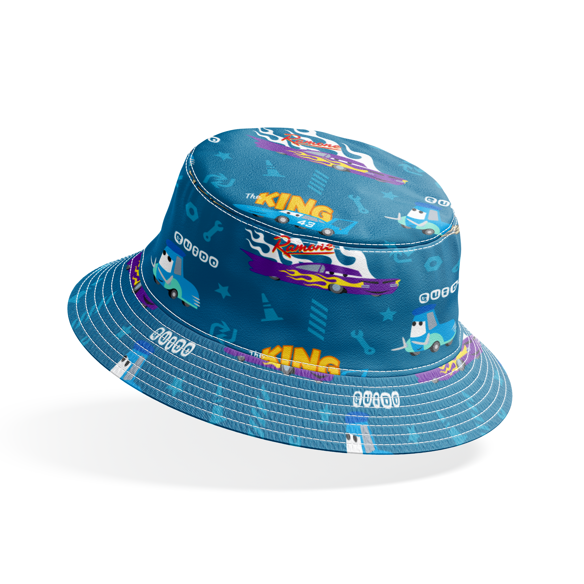 Disney Cars pattern featuring Lightning McQueen, Ramone's purple car with flames, and The King 43 on blue background with racing icons bucket hat mockup