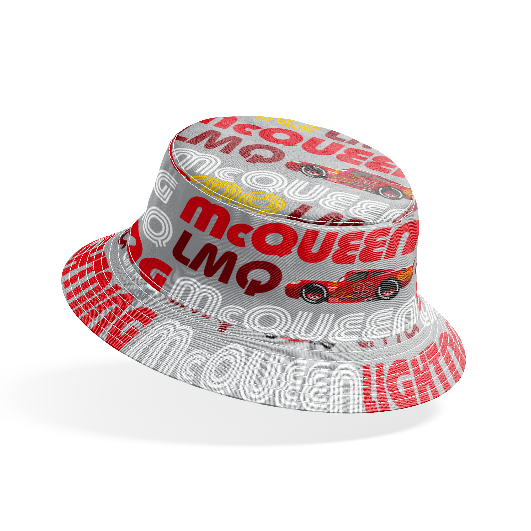 Lightning McQueen race car graphic with repeating LMQ text in red, yellow, and white on gray background bucket hat mockup