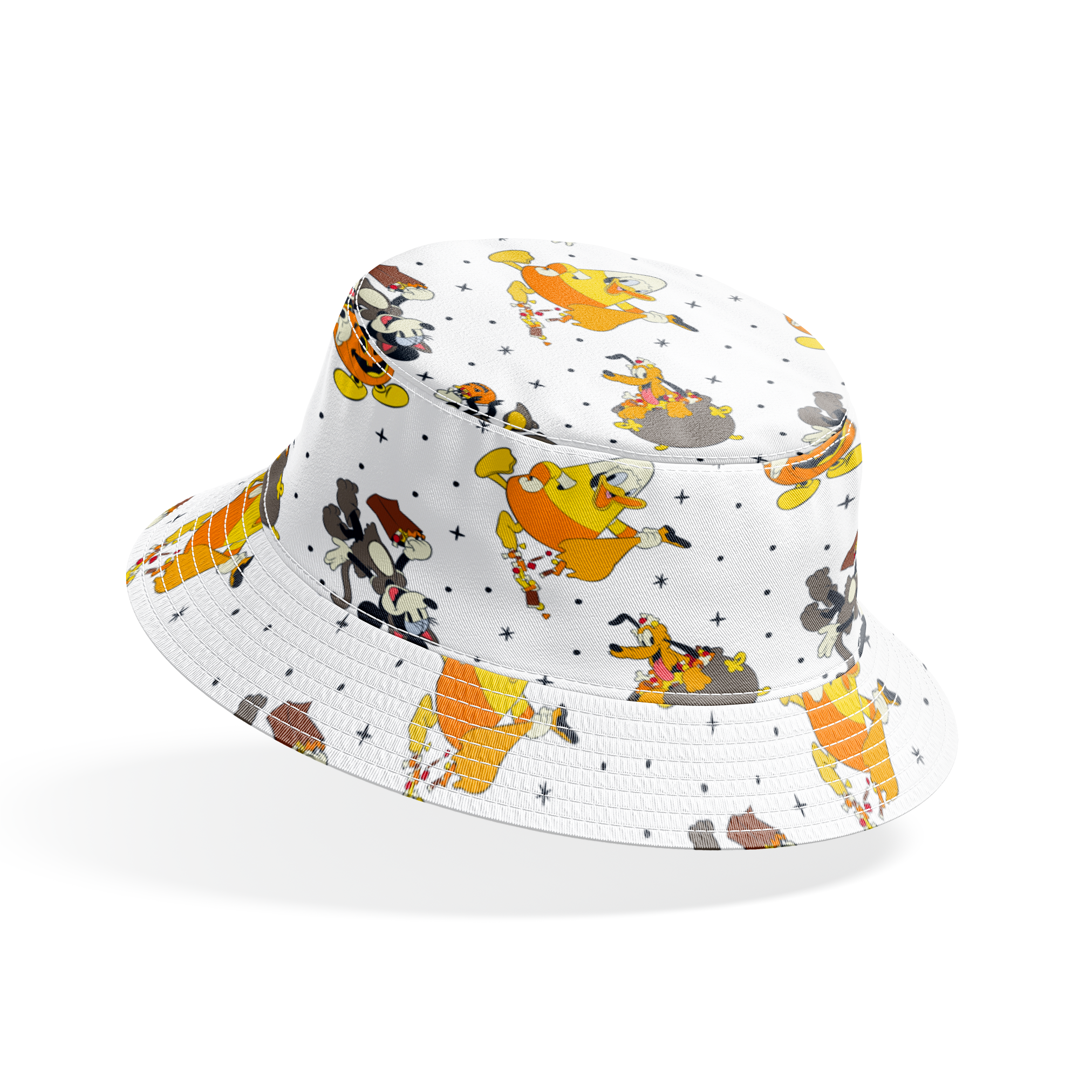 Disney characters in Halloween costumes on white background with stars - Mickey, Pluto, and friends in festive attire bucket hat mockup