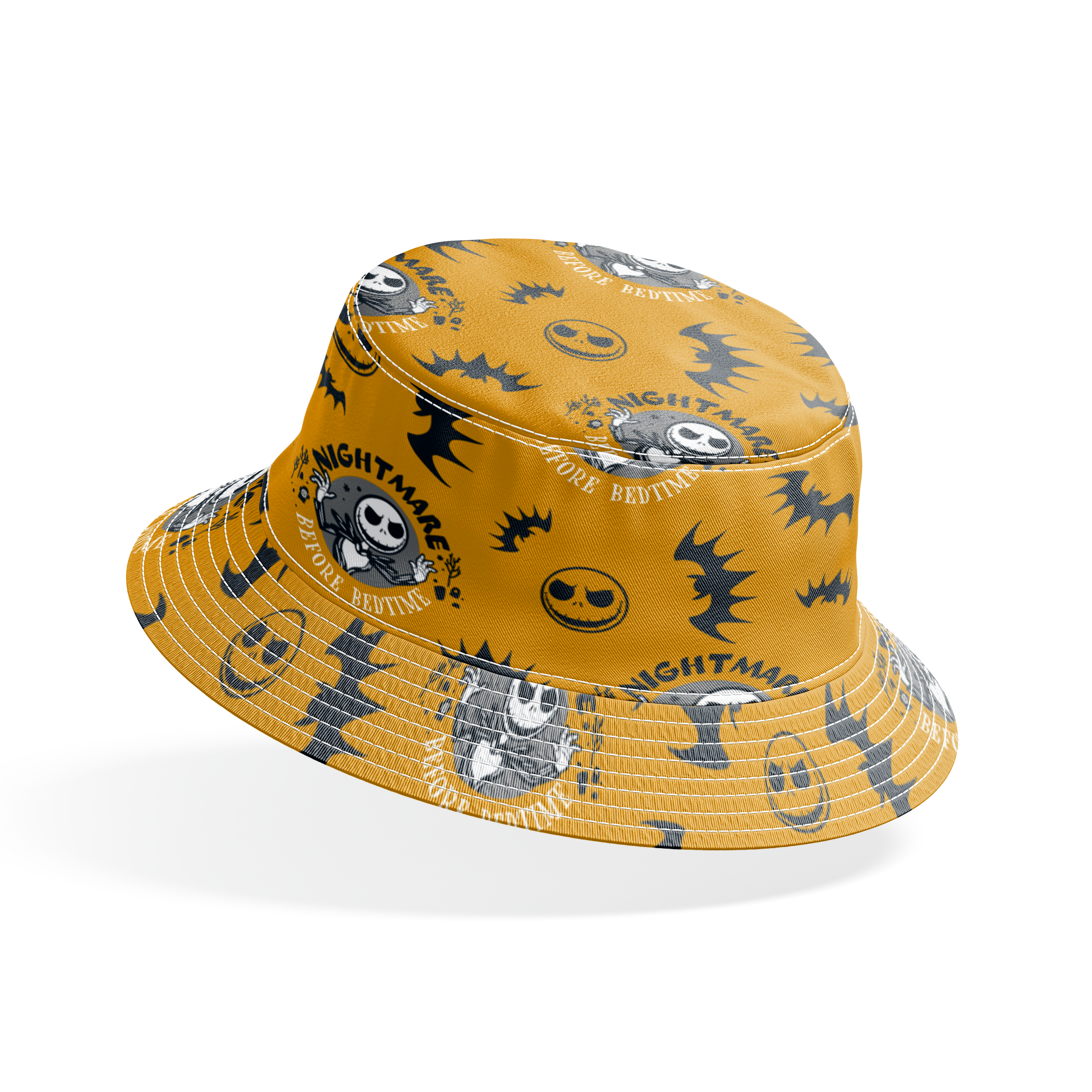 Halloween pattern with skeletal figure, "Nightmare" text, yellow background, black bats and smiling faces bucket hat mockup