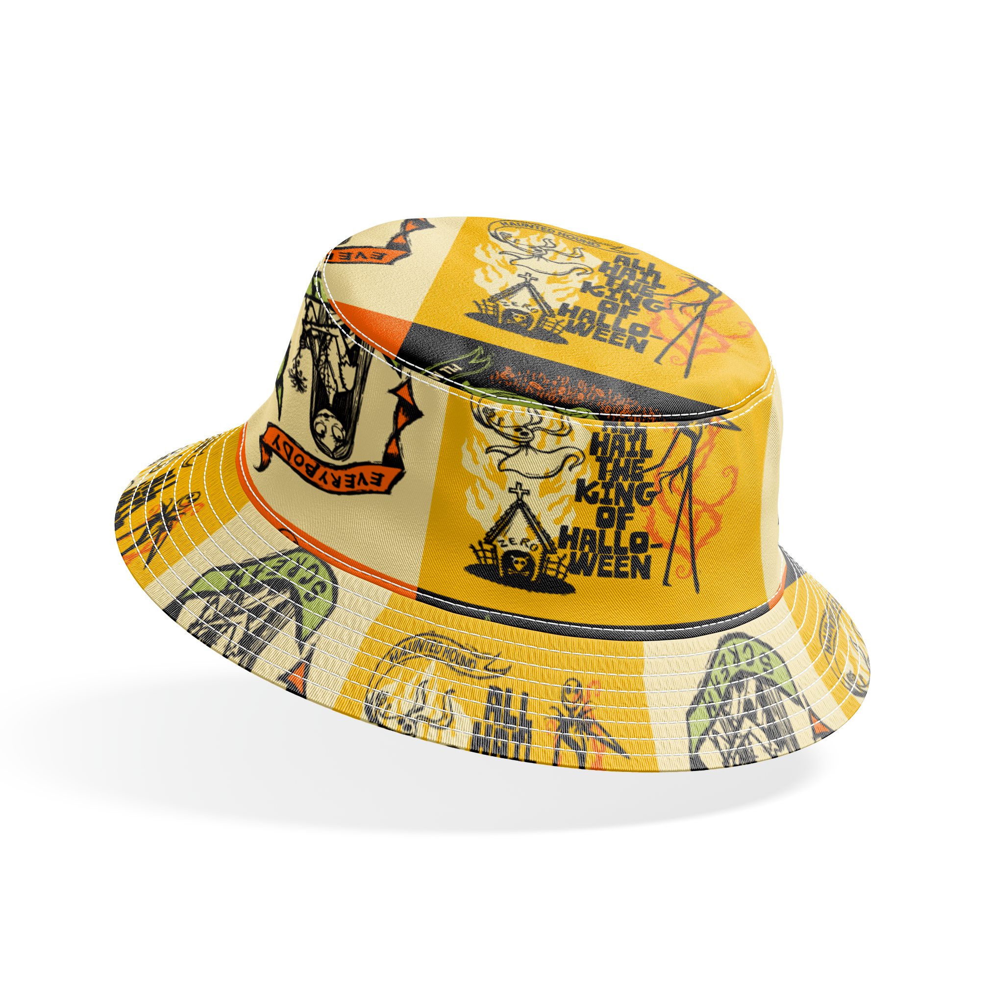 Four stylized Nightmare Before Christmas illustrations in a grid with yellow, green, and orange backgrounds featuring a haunted house and gothic imagery. bucket hat mockup