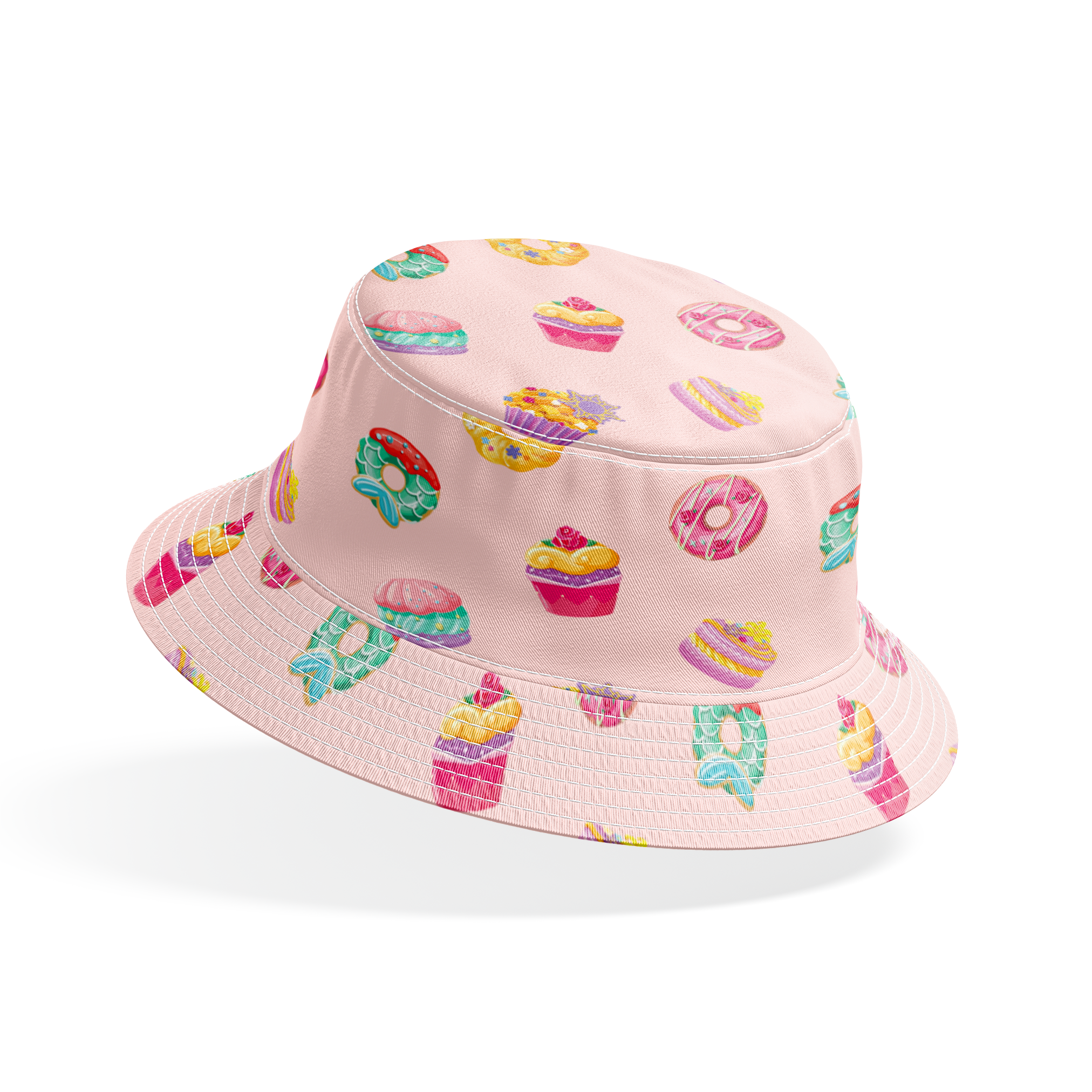 DIsney Princess-inspired dessert pattern with donuts, cupcakes, and macarons on a light pink background bucket hat mockup