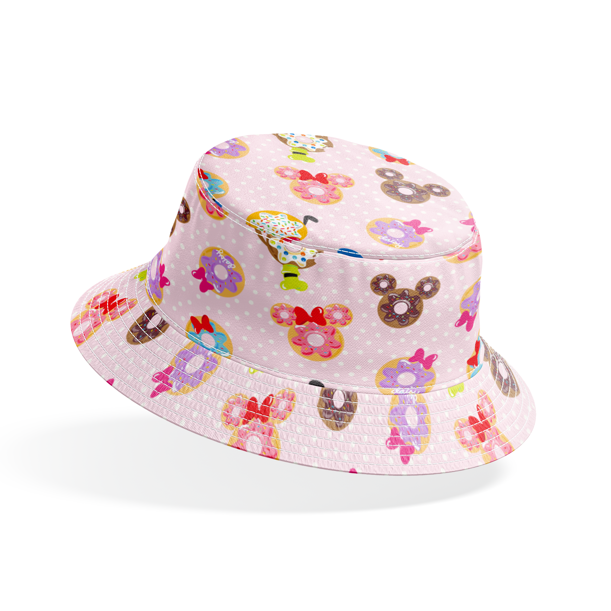 Mickey Mouse & friends donuts in various shapes on a pink polka dot background. bucket hat mockup