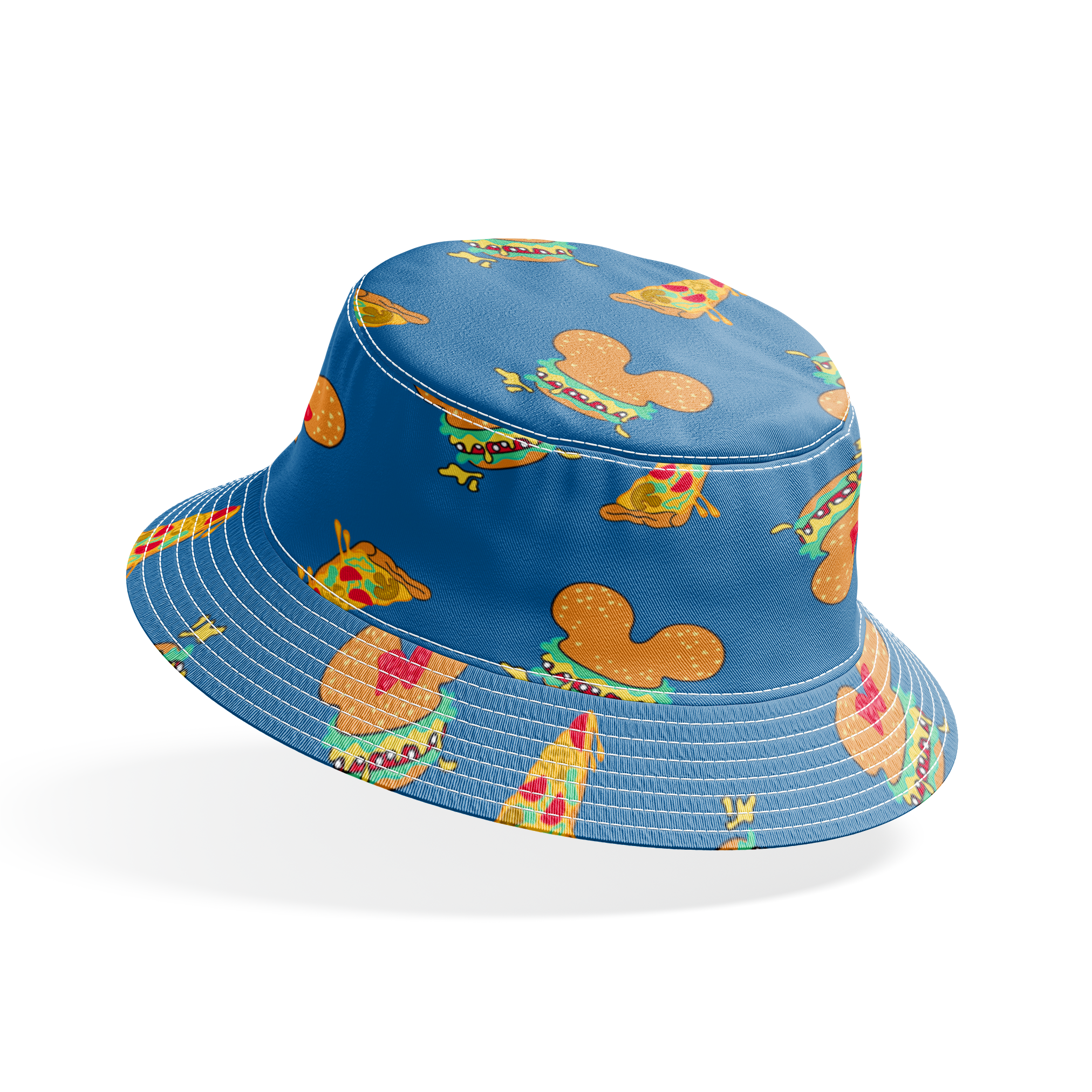 Pattern of Disney-inspired food items - hot dogs and pizza slices on blue background bucket hat mockup