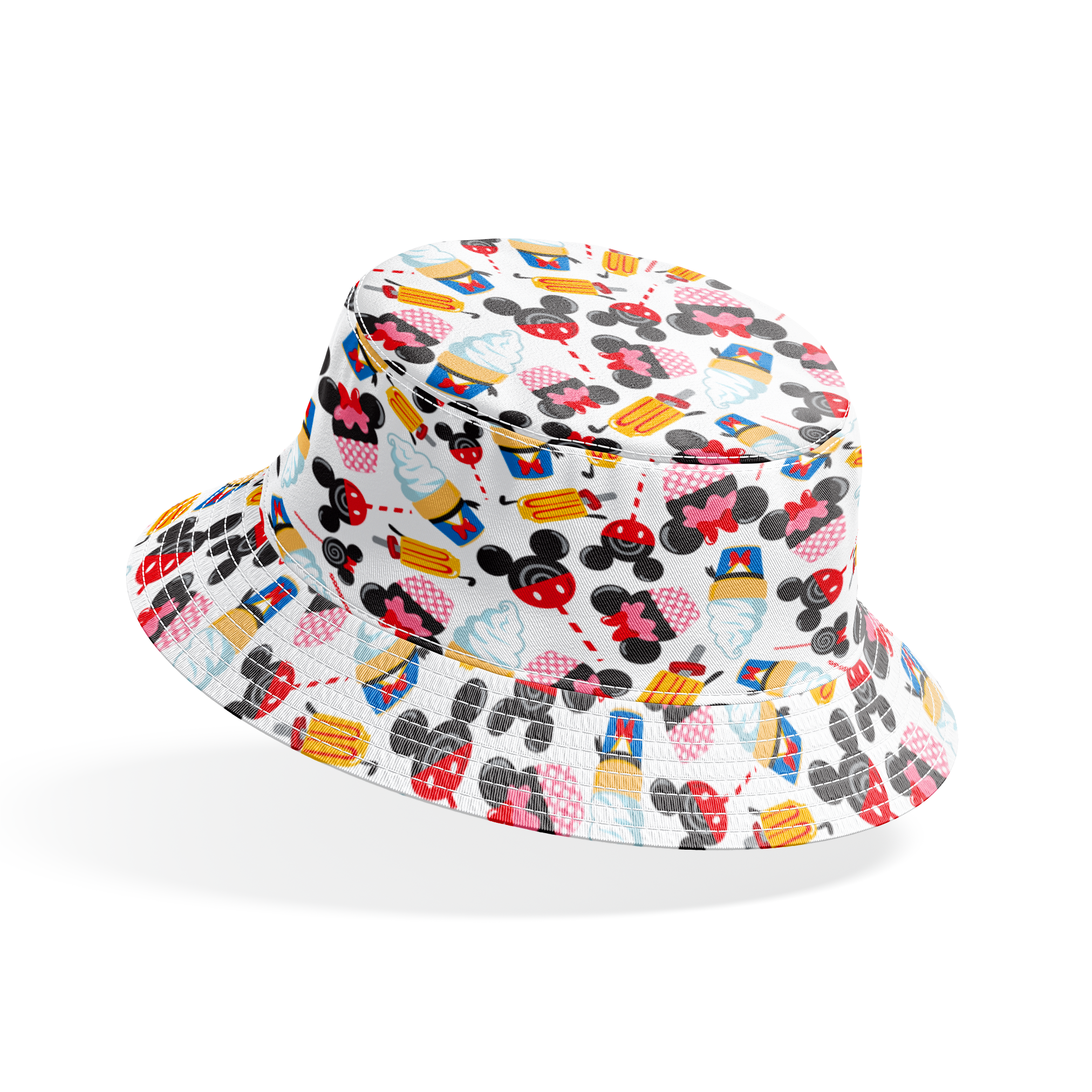 Disney-inspired pattern with ice cream cones and colorful swirled decorative elements on white background bucket hat mockup