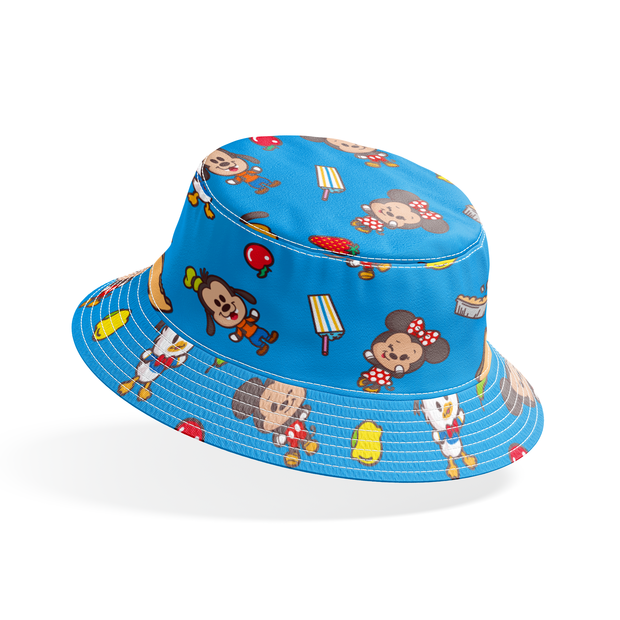 Mickey, friends, and food items pattern on blue background, featuring Mickey, Minnie, Donald, and fruit icons bucket hat mockup