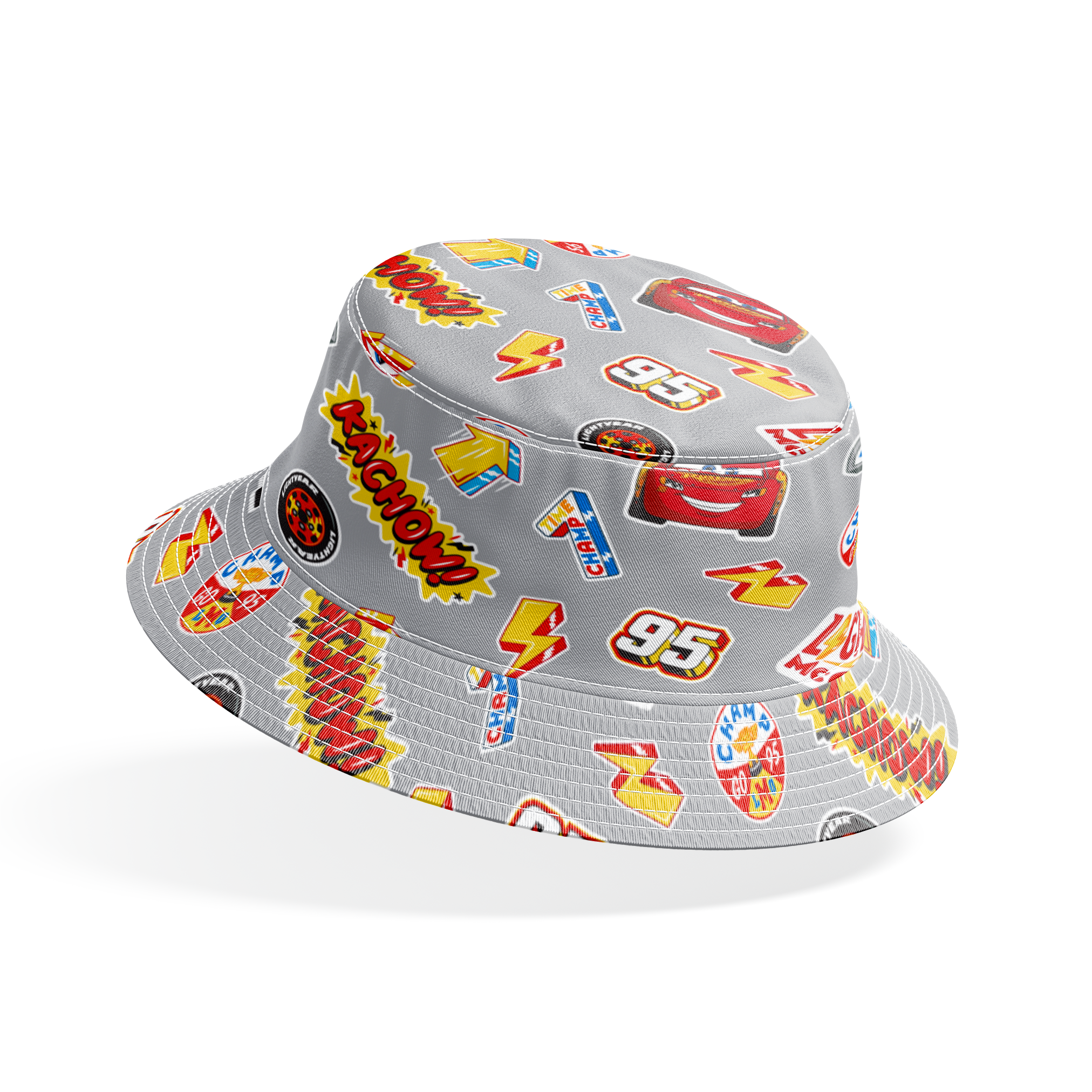 Colorful Disney Cars movie stickers featuring Lightning McQueen, racing logos, and numbers on gray background bucket hat mockup