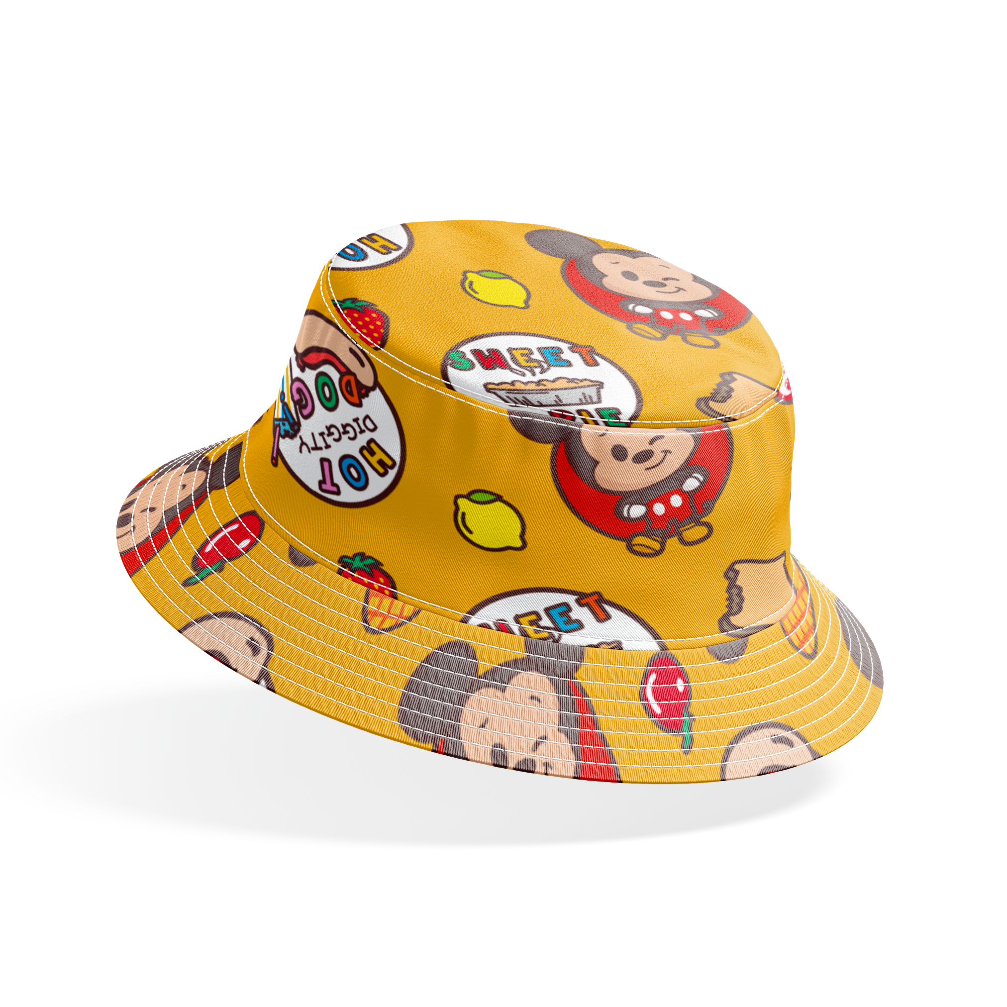 Mickey & Minnie Mouse with round badges on yellow background with fruit icons and toast patterns bucket hat mockup