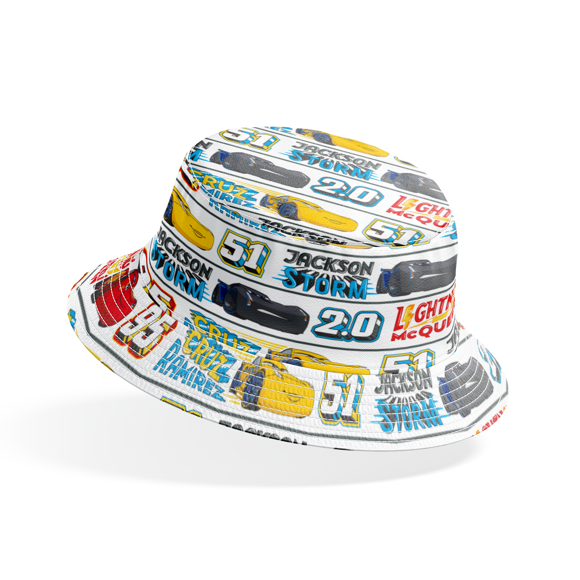 Disney Cars character ribbon with Lightning McQueen 95, Cruz Ramirez 51, and Jackson Storm 20 repeated pattern bucket hat mockup
