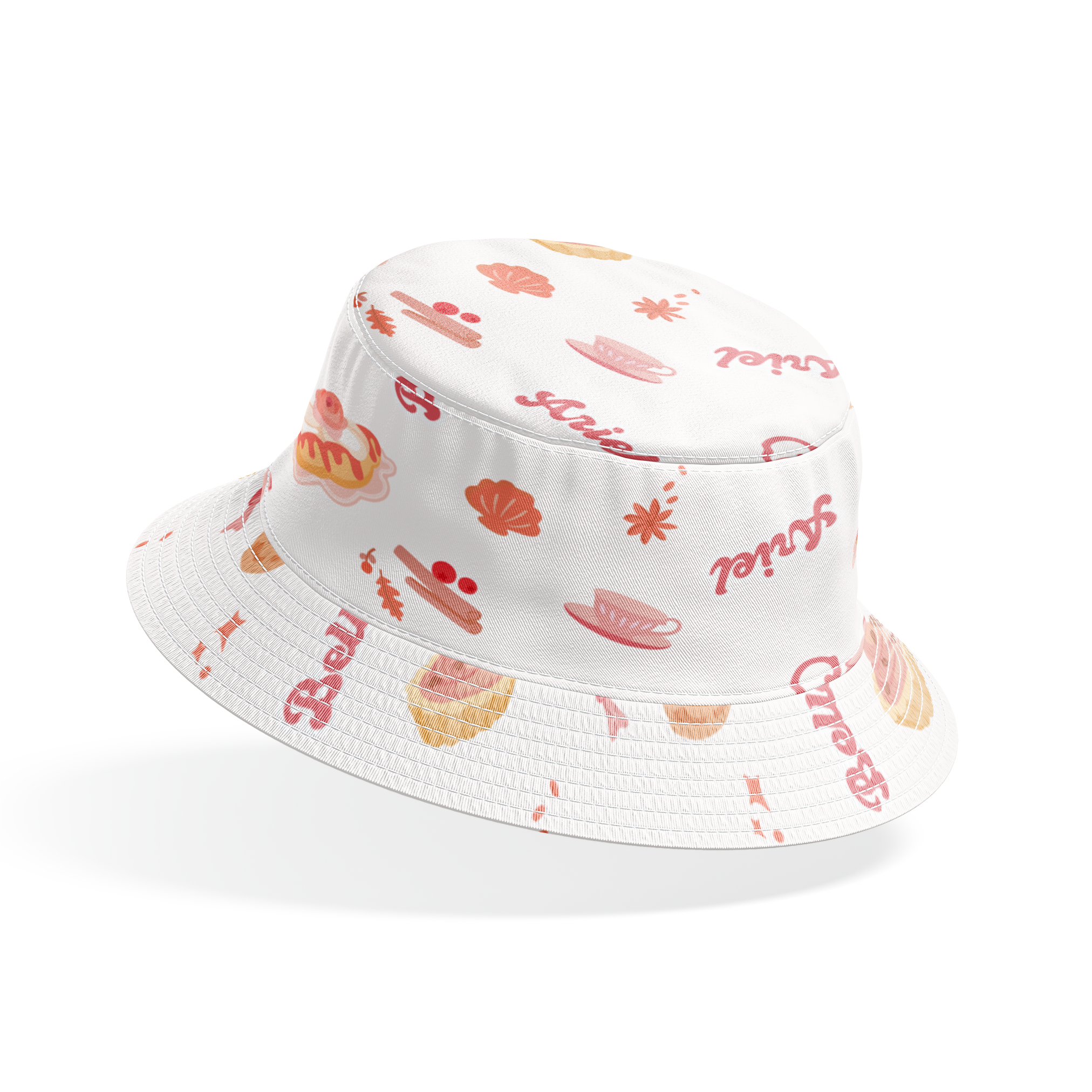 Disney Princess bakery pattern with desserts, teapot, teacup, and text on cream background bucket hat mockup