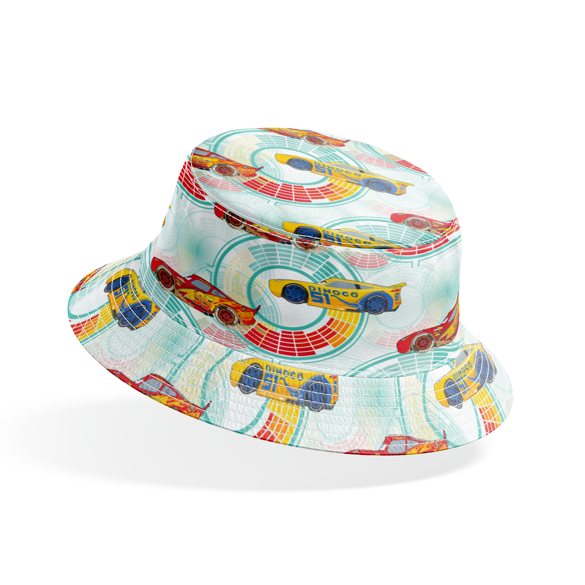 Colorful Disney Pixar Cars racing in red and yellow on a light blue background with circular patterns bucket hat mockup