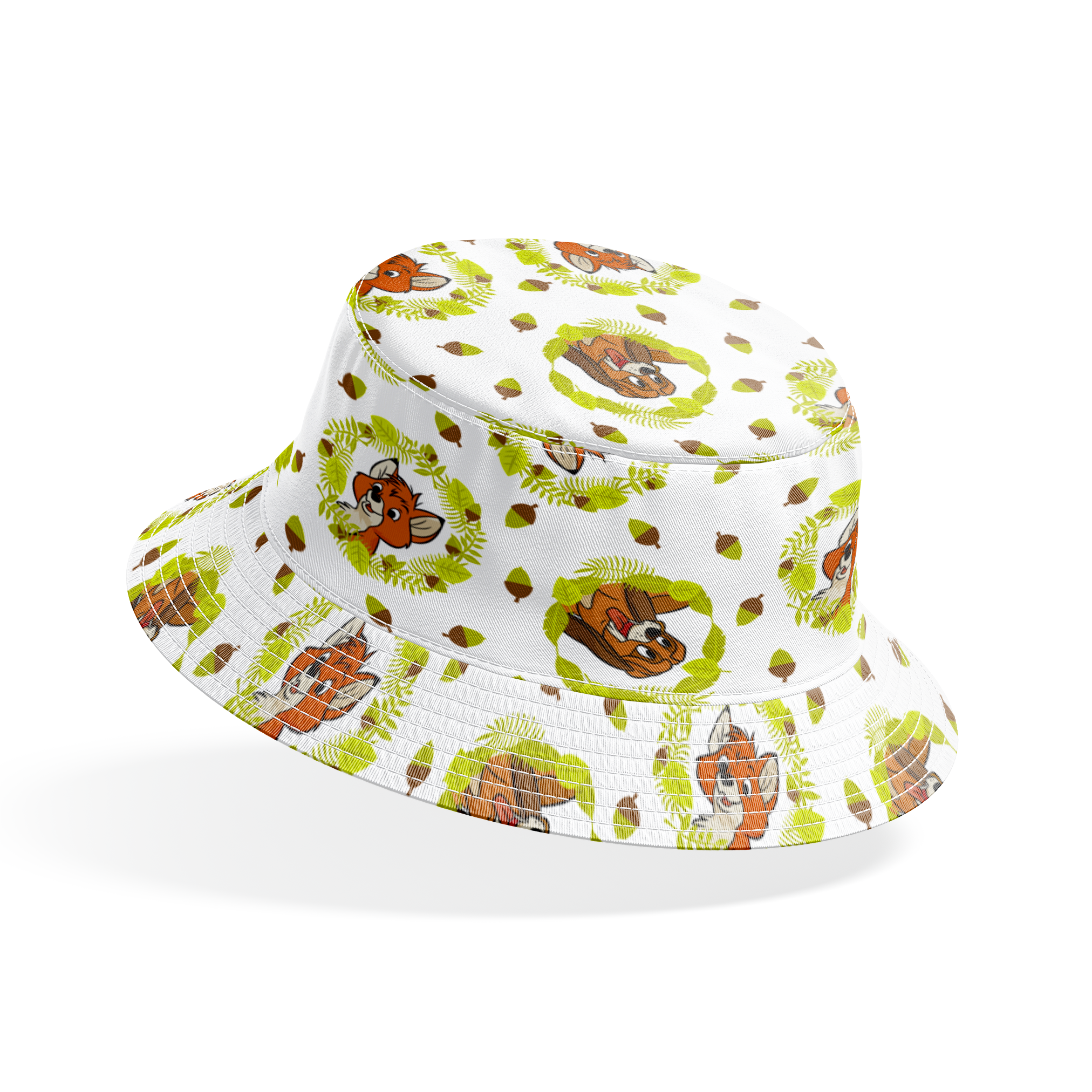 Fox and the Hound characters in green leafy wreaths with scattered acorns on white background bucket hat mockup