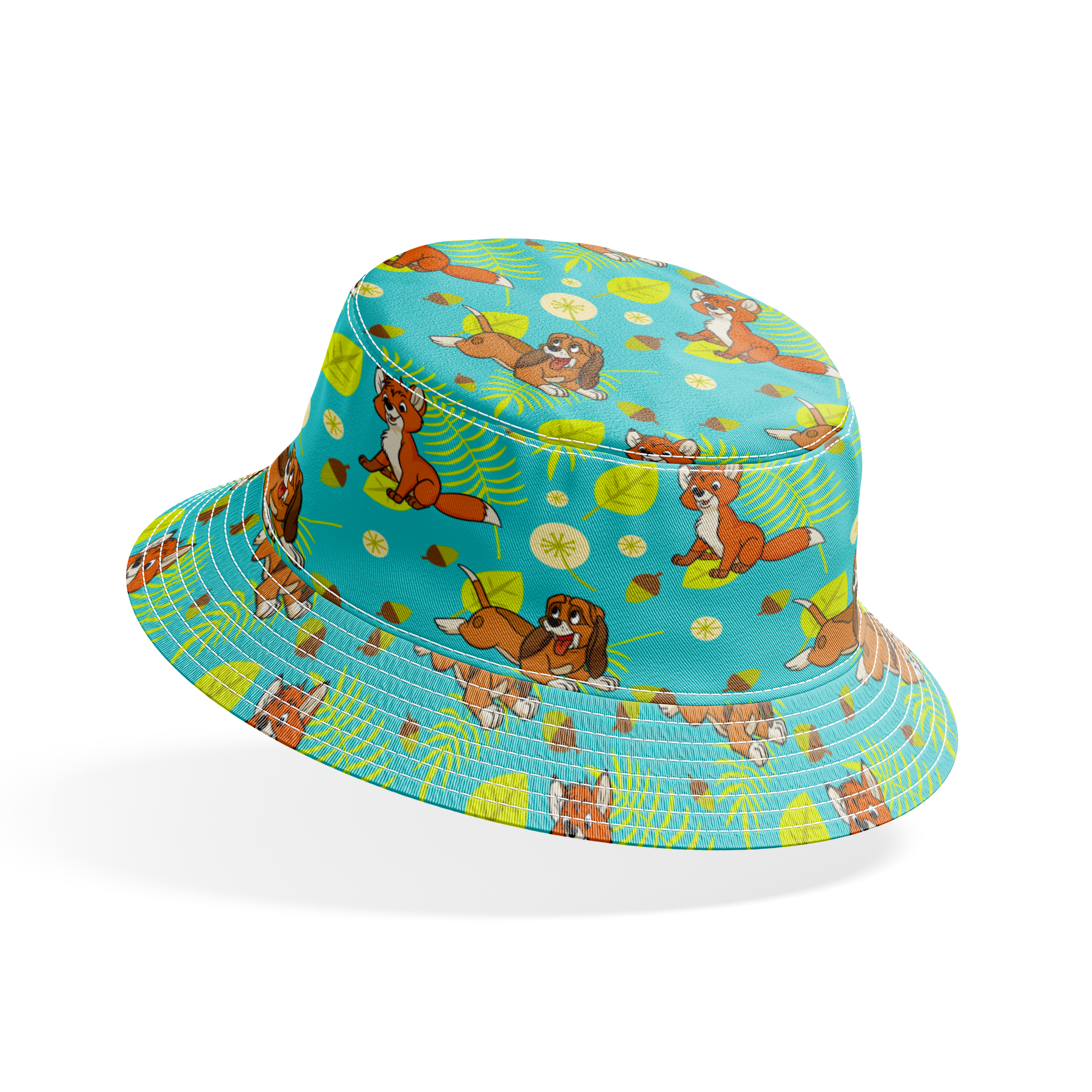The Fox and the Hound characters on turquoise background with yellow leaves and acorns bucket hat mockup