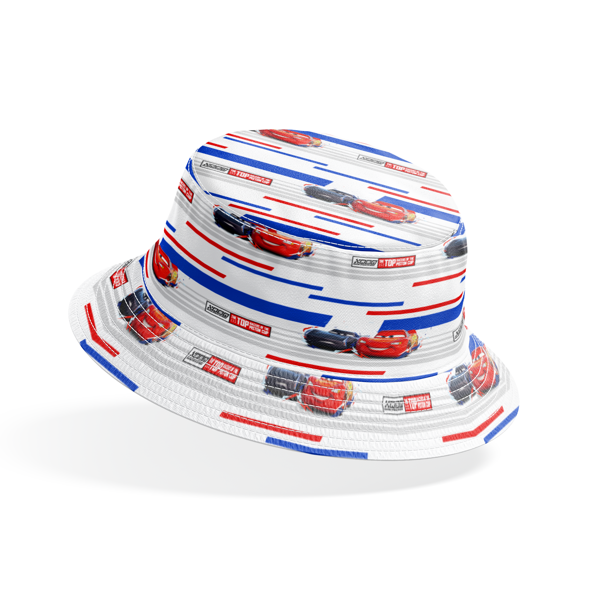 Red and black race cars from Disney Pixar's Cars movie on striped blue, white, and red background with XSpeed logo bucket hat mockup