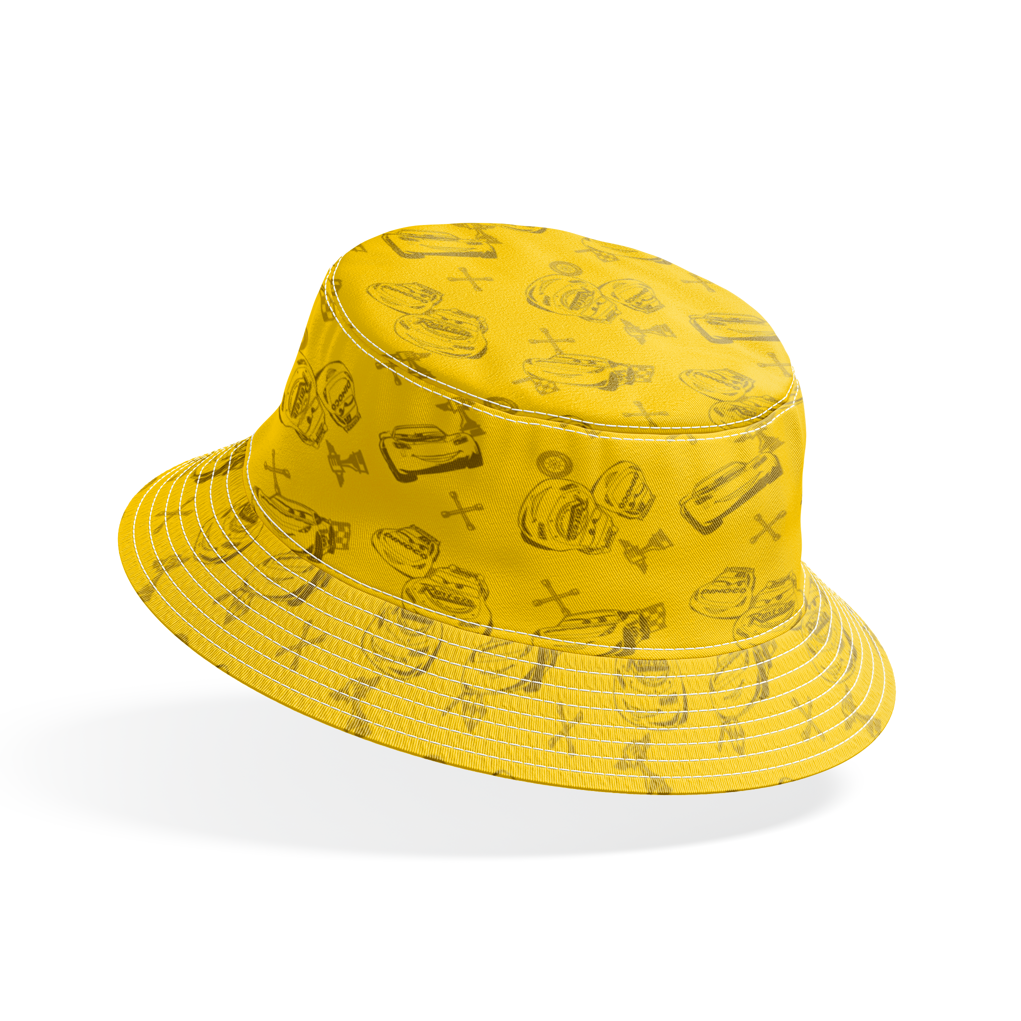 Yellow background with cartoon race cars, tires, and tool icons in a repeating pattern design bucket hat mockup