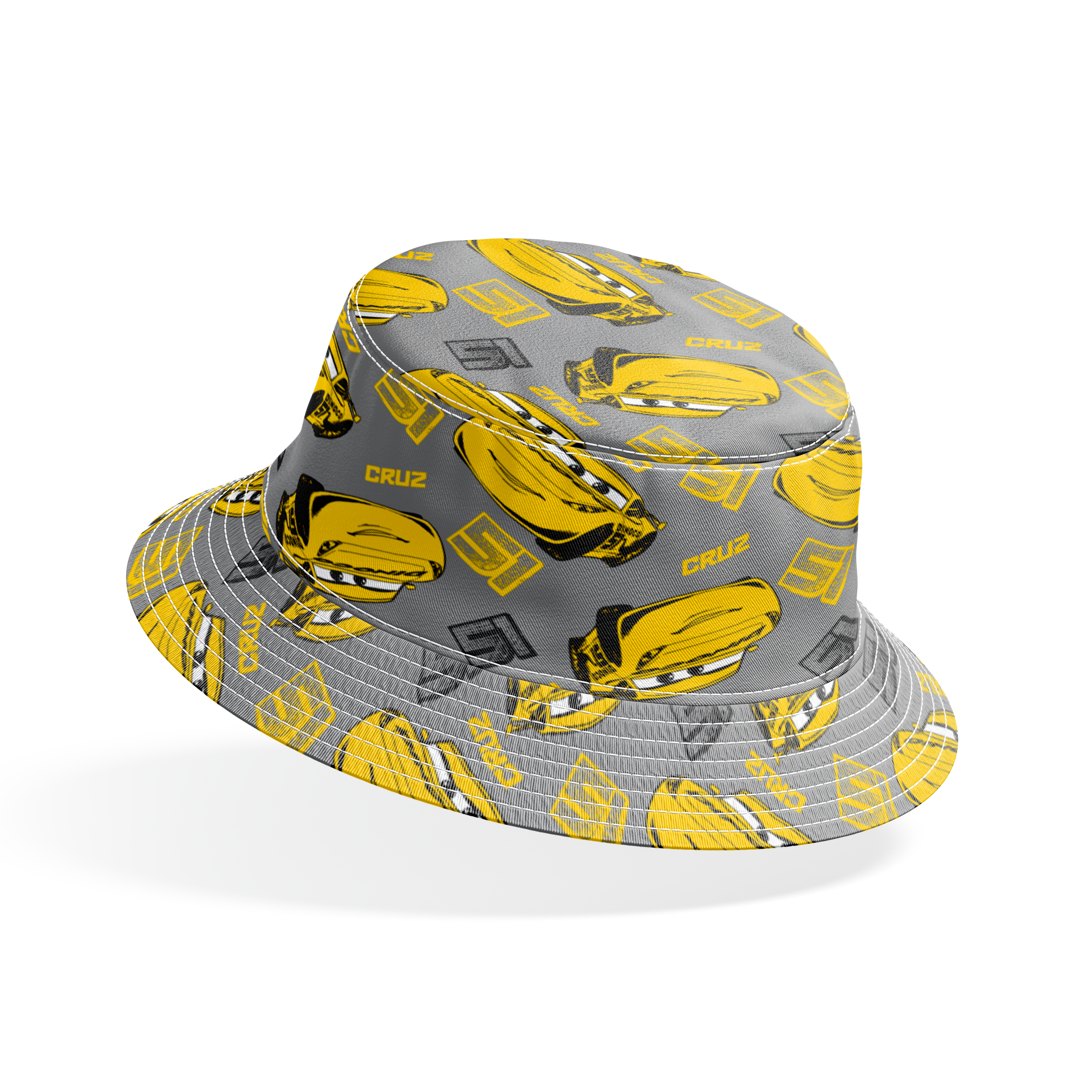 Yellow cartoon race cars with Cruz name on gray background, Cars movie pattern bucket hat mockup