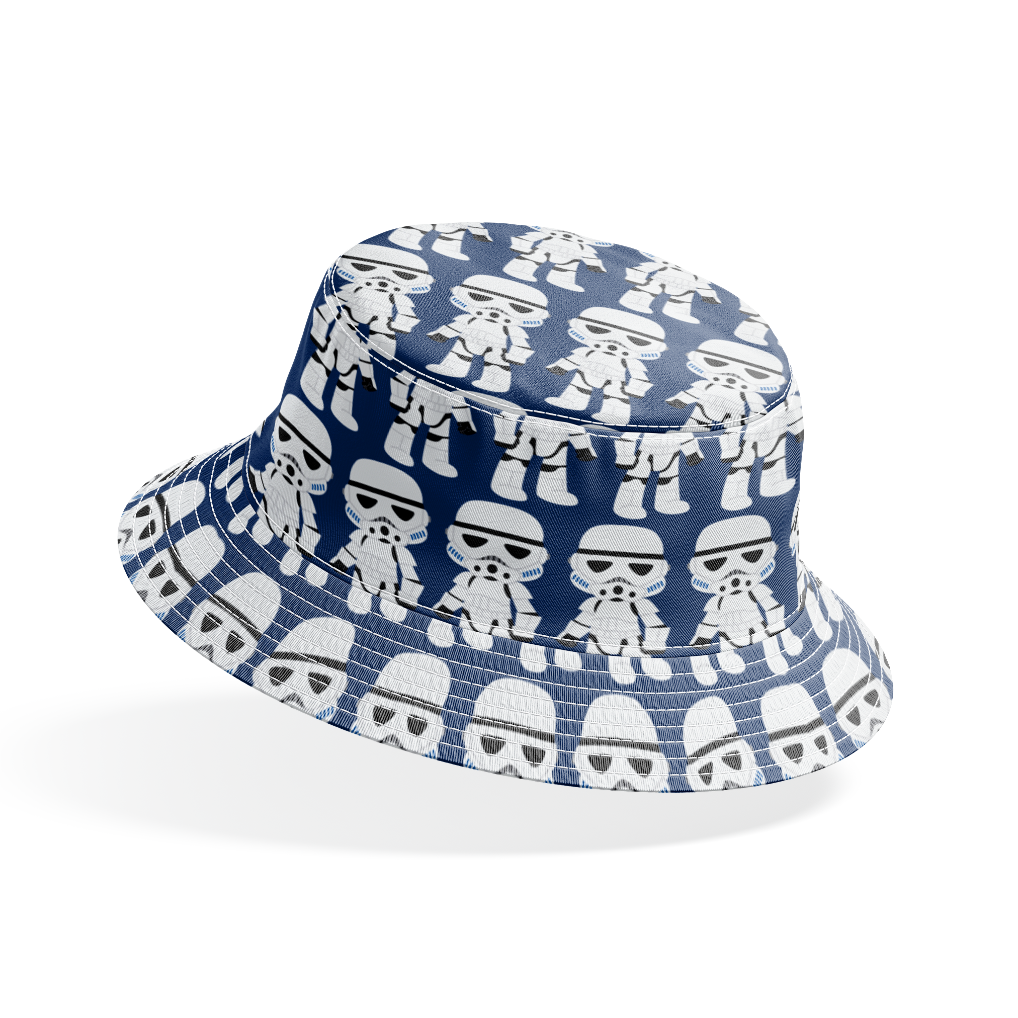Repeated pattern of cartoon Stormtrooper characters in white armor against dark blue background bucket hat mockup