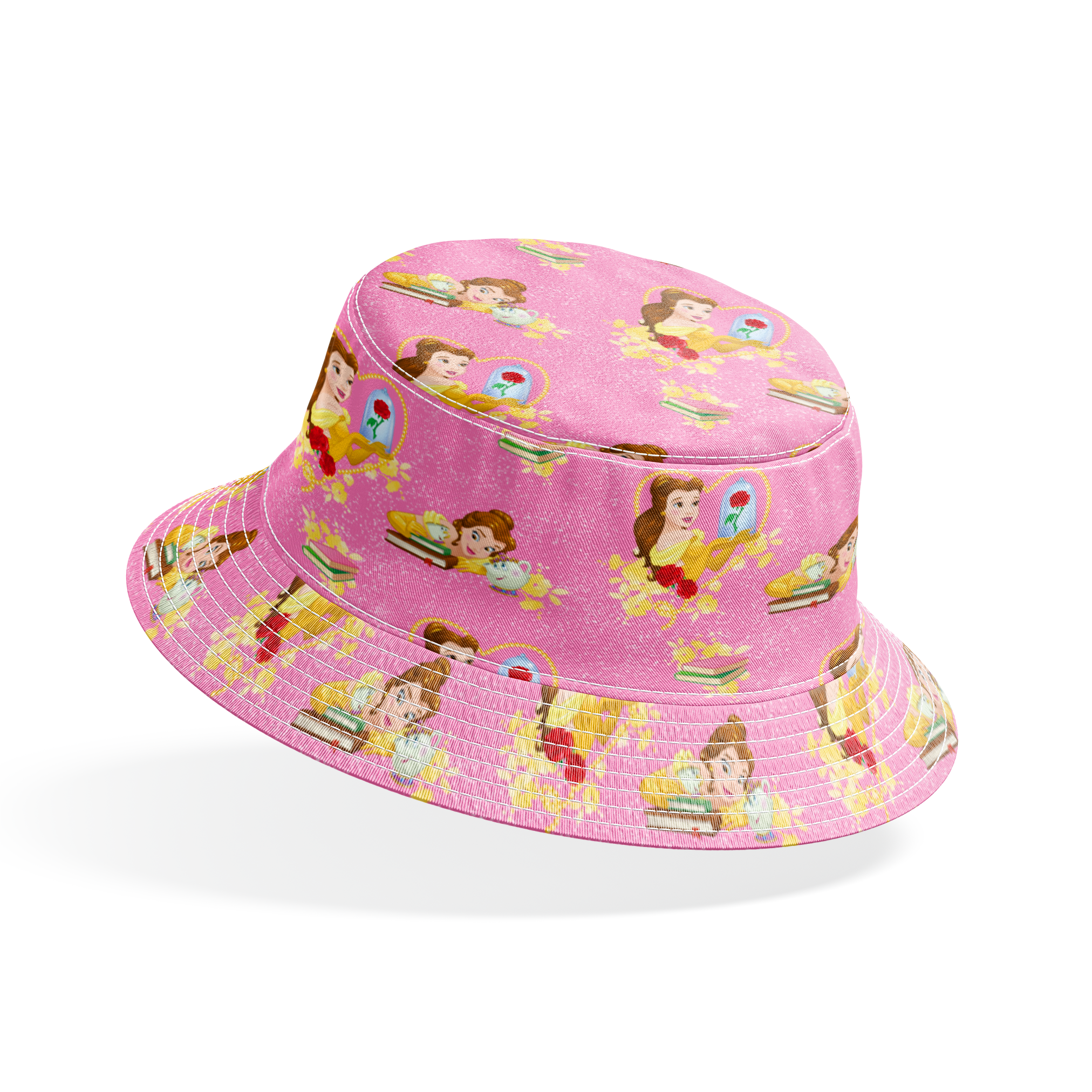 Repeating pattern of Disney's Belle character with enchanted rose and books on pink sparkly background bucket hat mockup