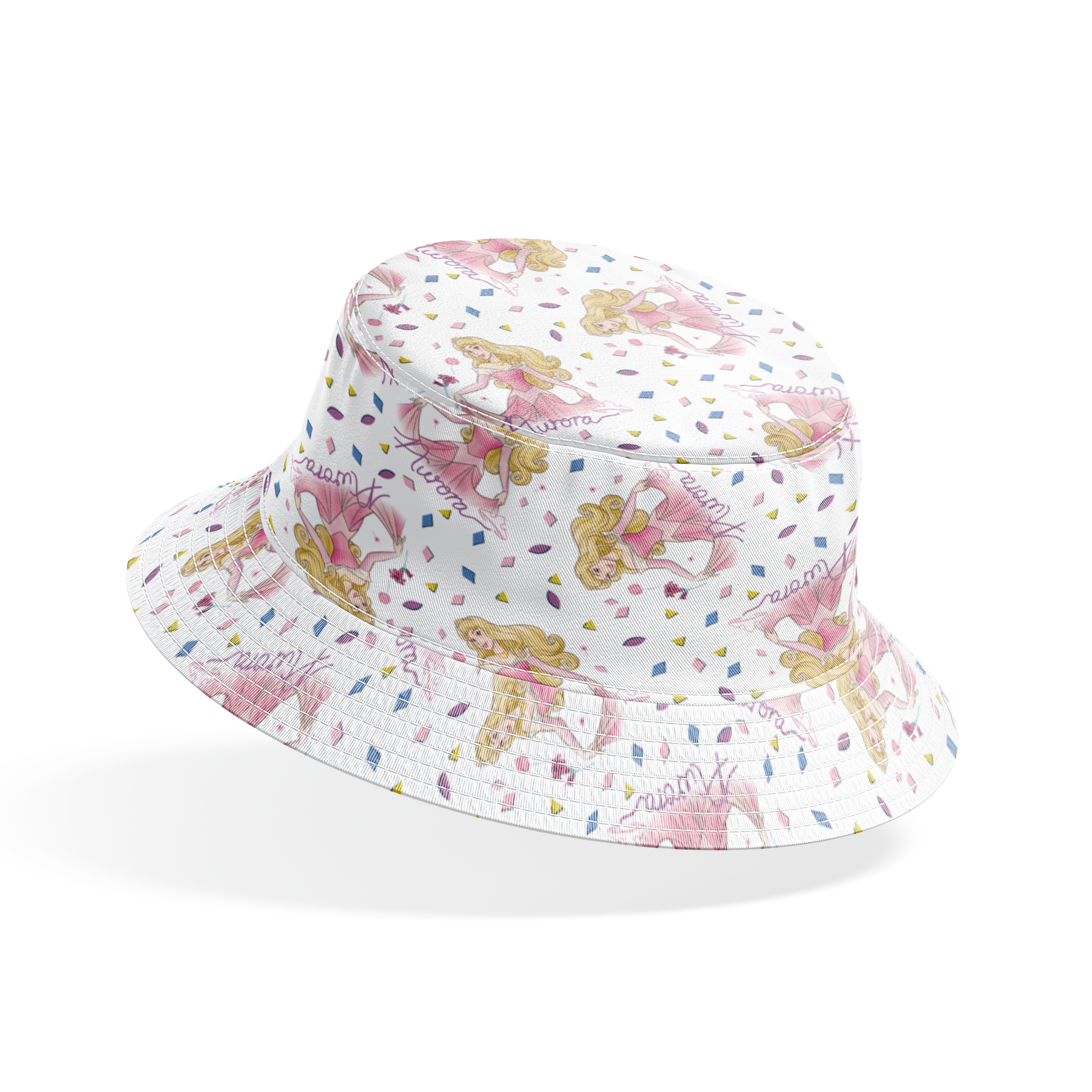 Pattern of Sleeping Beauty, surrounded by colorful diamond shapes on white background bucket hat mockup