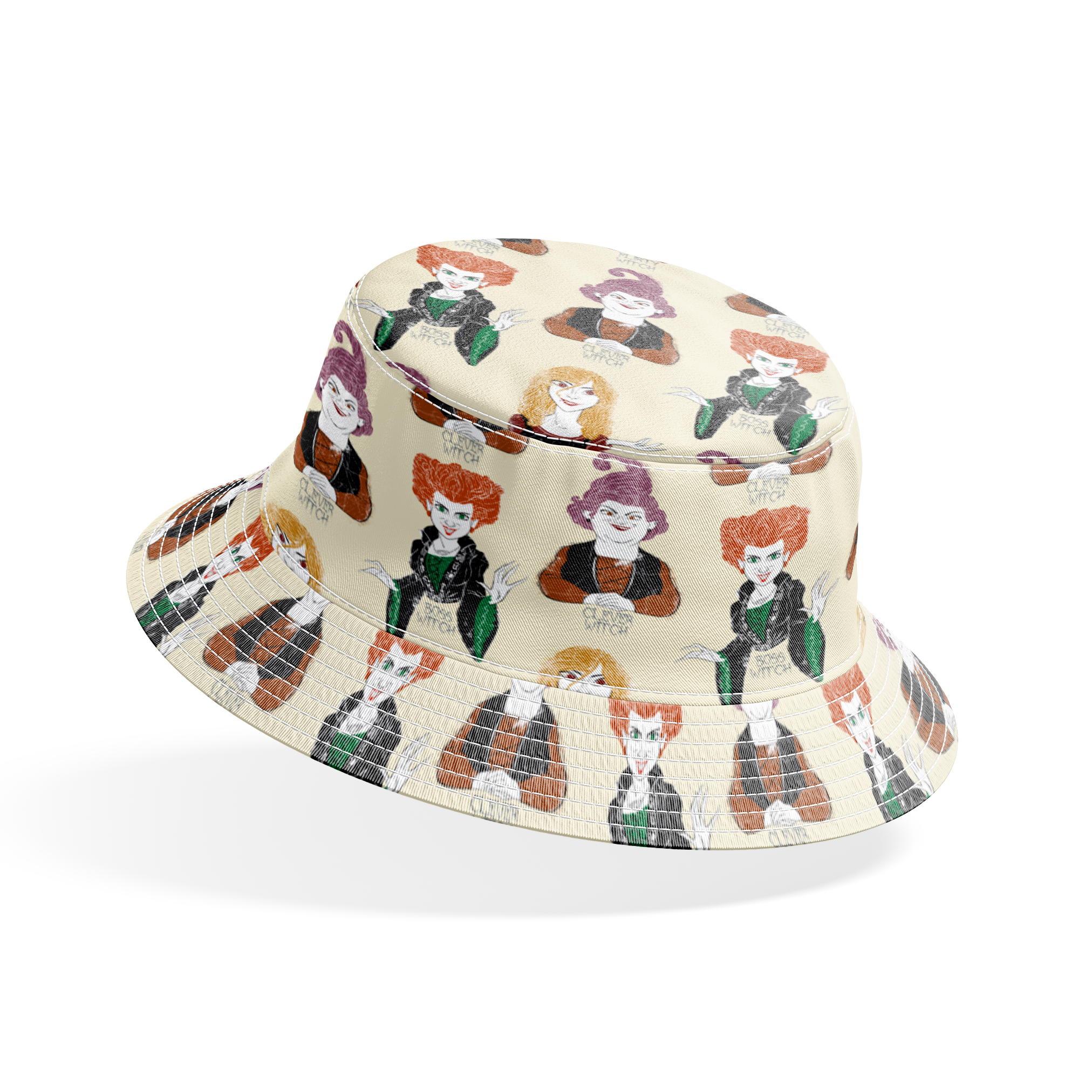 Pattern of illustrated witch characters with different styling - purple hat witch, green-dressed witch, and blonde witch with varying colors and poses bucket hat mockup