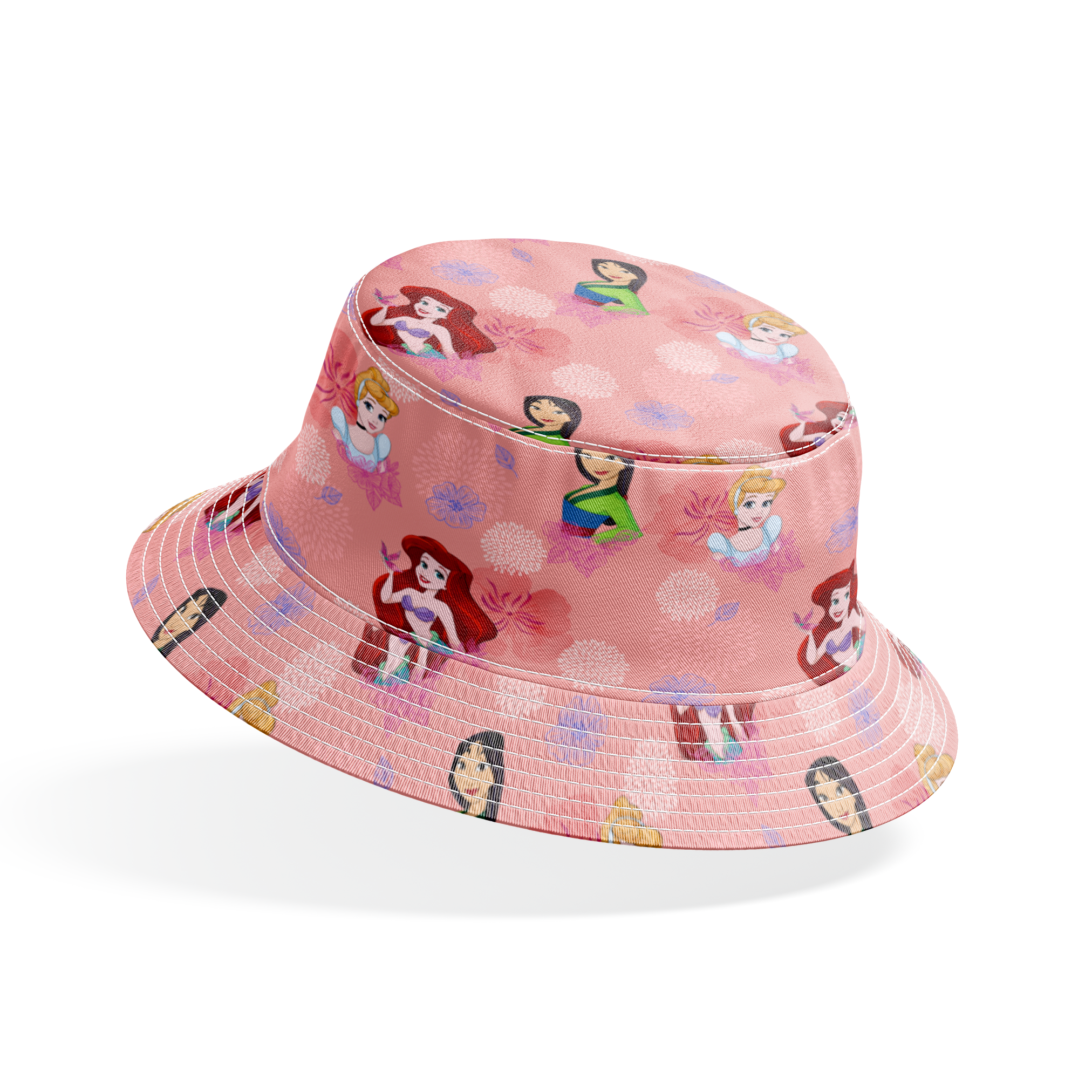 Disney princess characters on pink floral background with delicate flower patterns bucket hat mockup