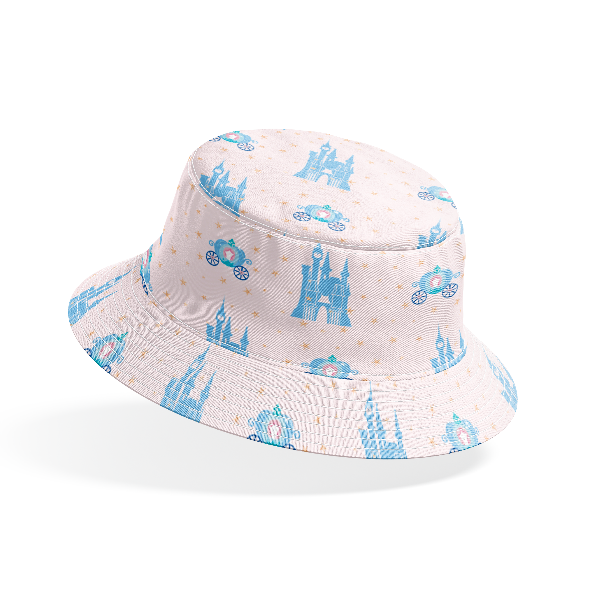 Cinderella pattern with blue castles, carriages, and gold stars on pale pink background bucket hat mockup
