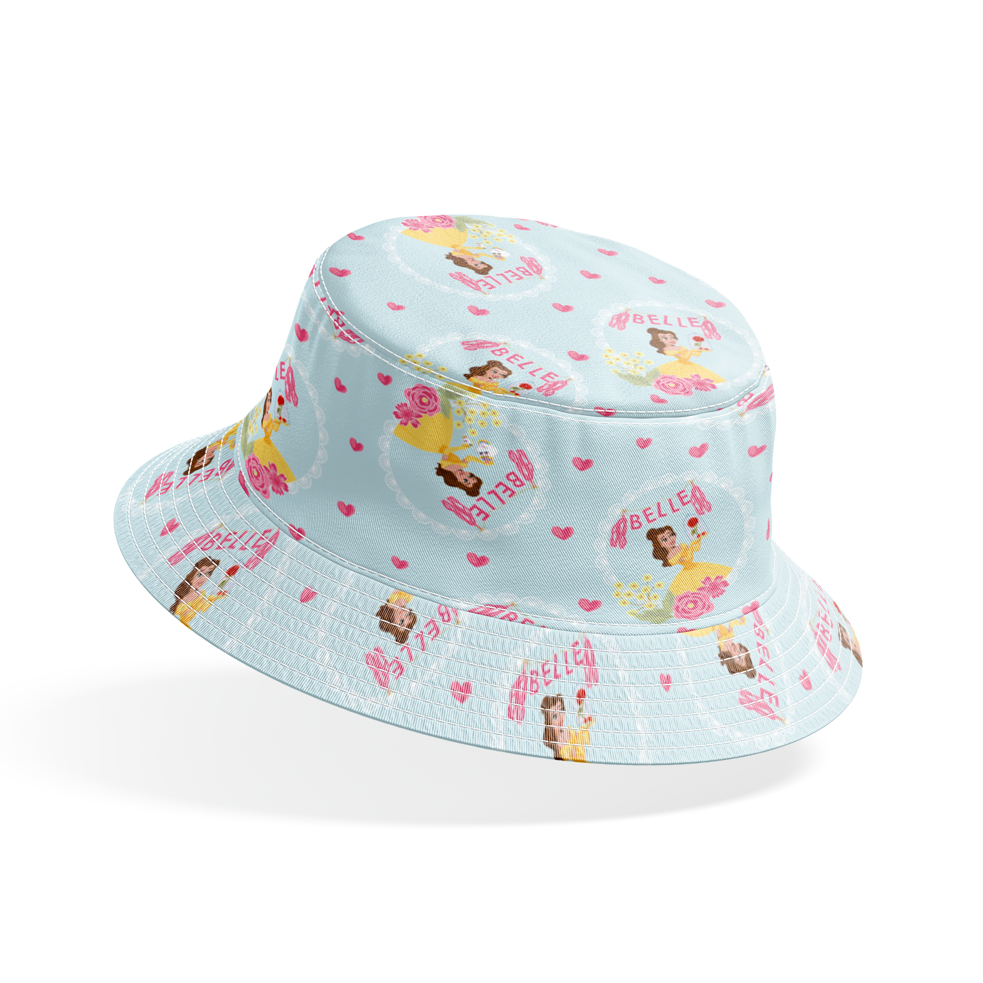 Princess Belle pattern with yellow dress, "Belle" text, hearts, and flowers on light blue background bucket hat mockup