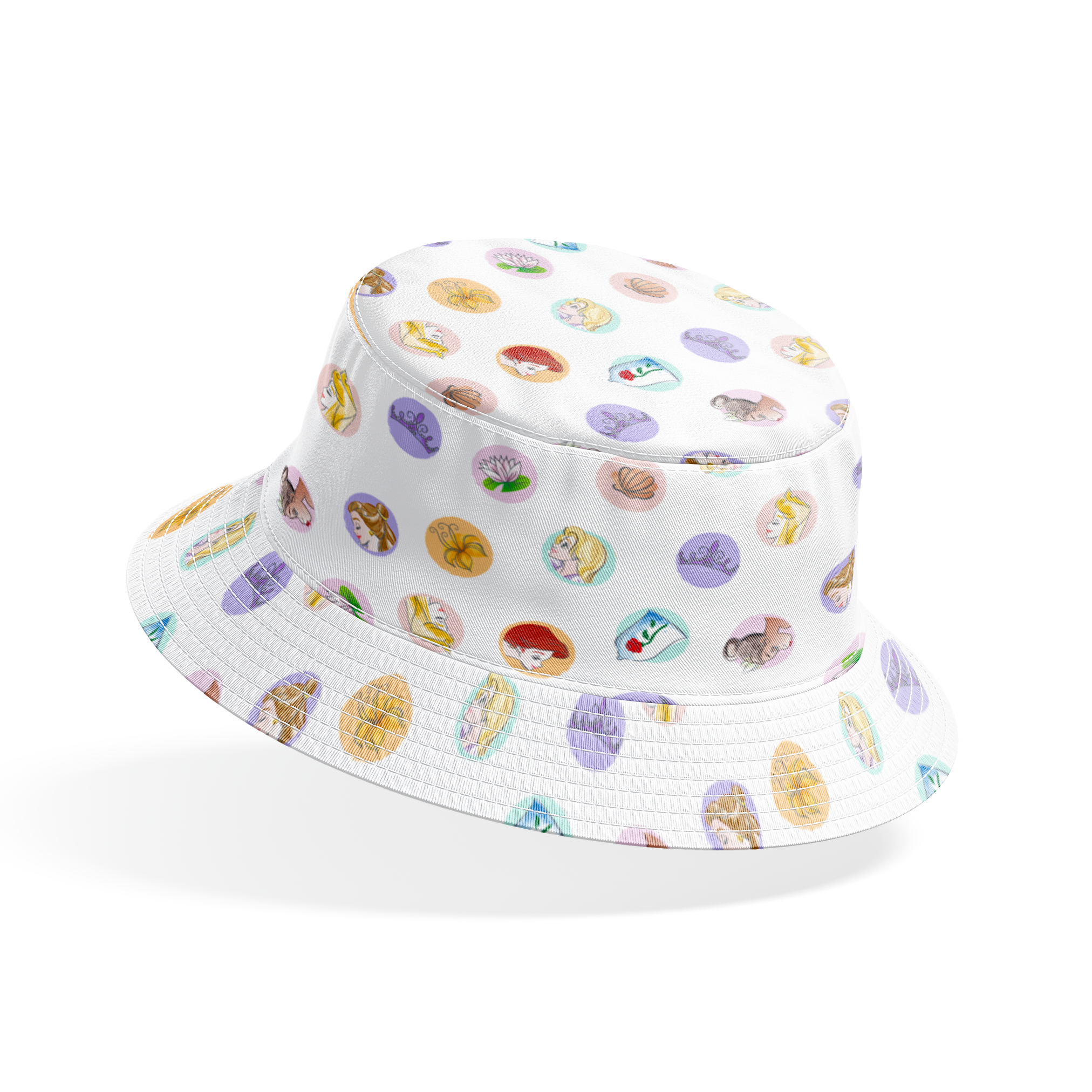 Colorful circular illustrations featuring Disney Princesses and symbols on white background bucket hat mockup
