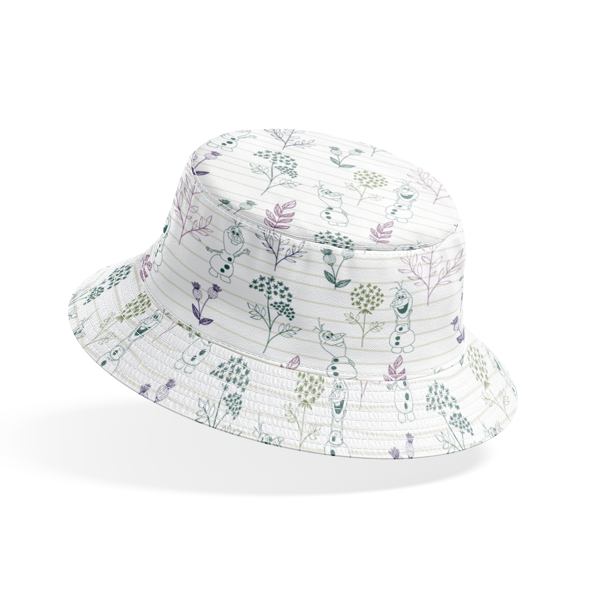 Pattern of sketched botanical elements, flowers, and Olaf on a lined background in soft greens and purples bucket hat mockup
