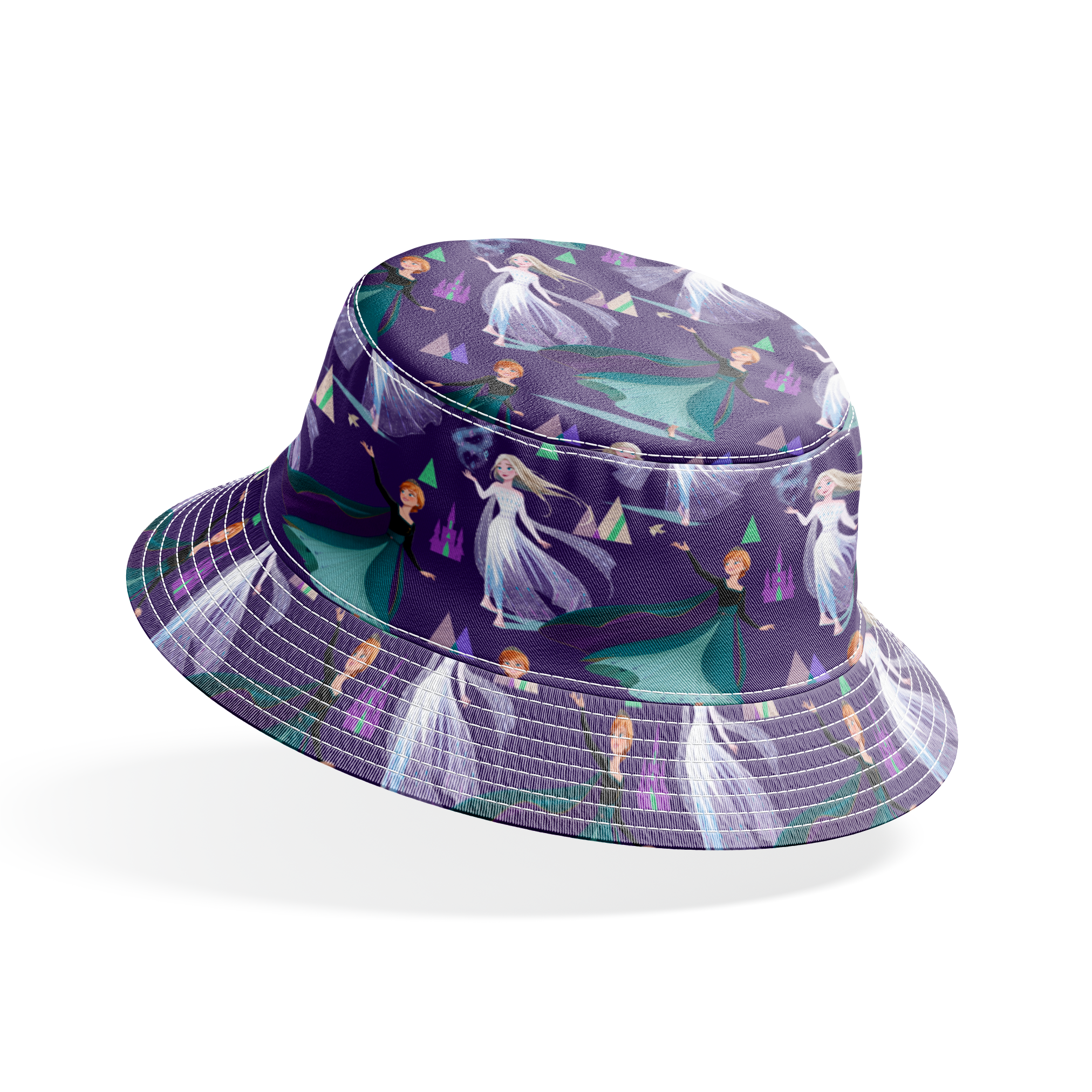 Frozen characters and ice castles on purple background, magical fantasy pattern bucket hat mockup