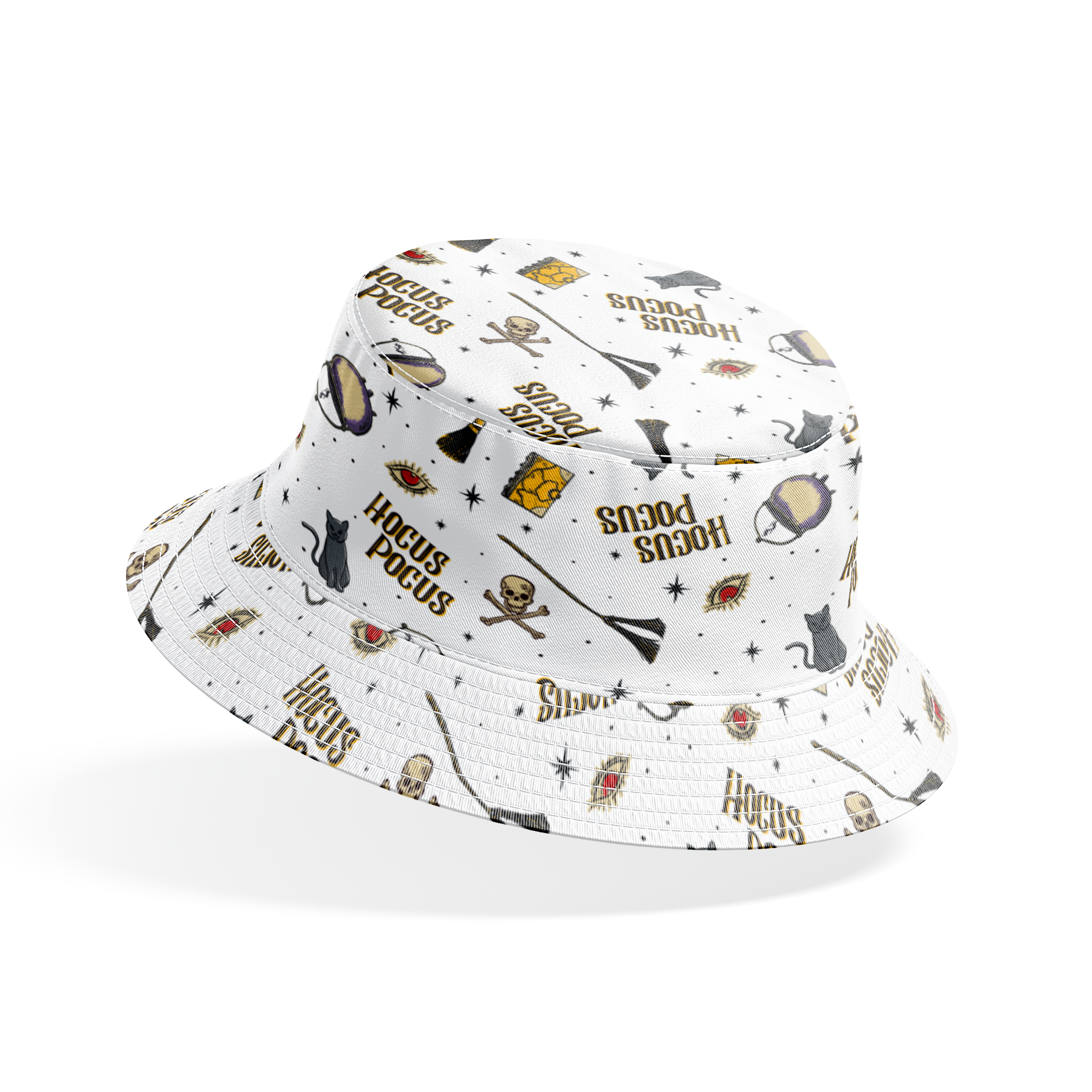 Repeating pattern of witchcraft items with "Hocus Pocus" text, cauldrons, brooms, and mystical symbols on white background bucket hat mockup