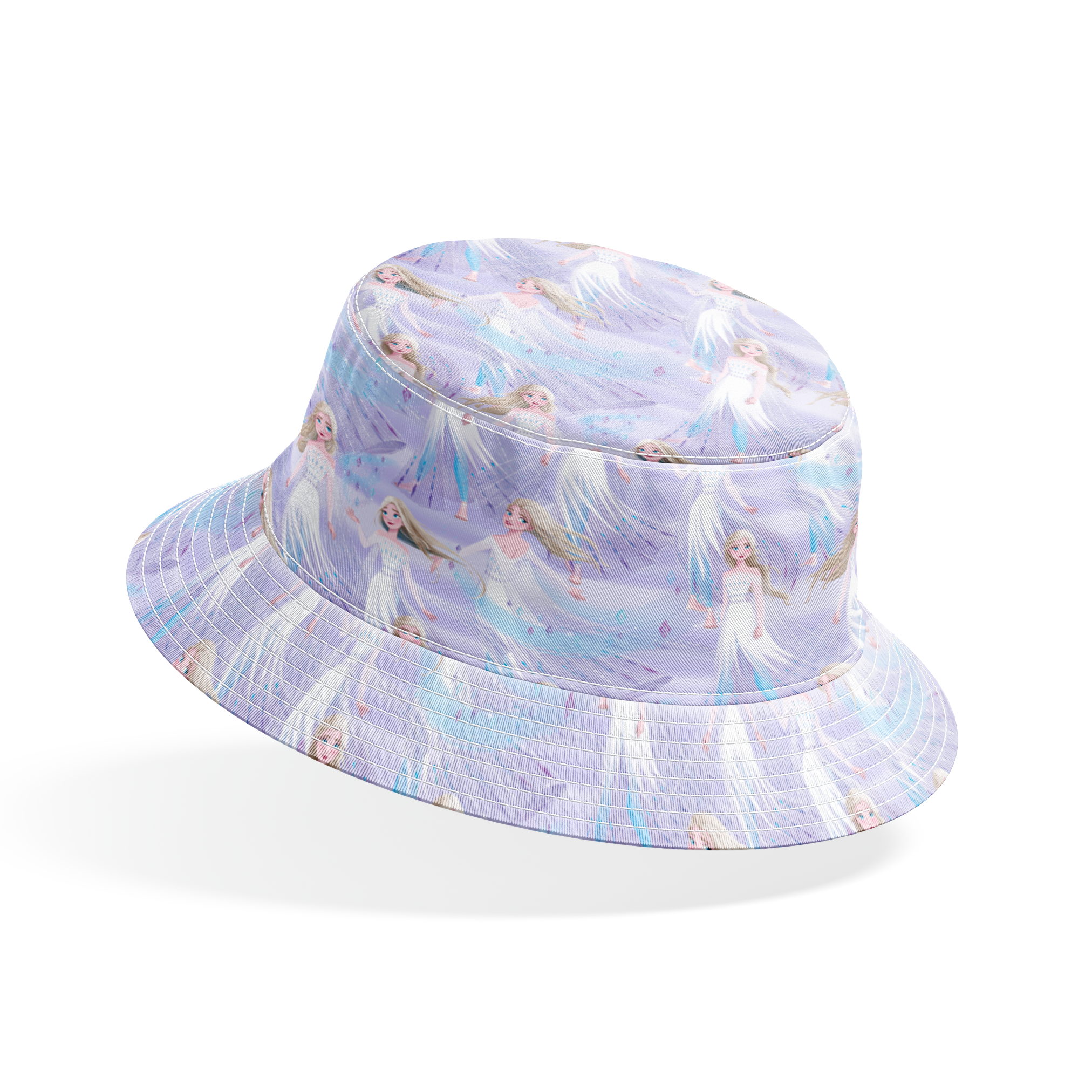 Frozen's Elsa against a dreamy purple-blue background bucket hat mockup