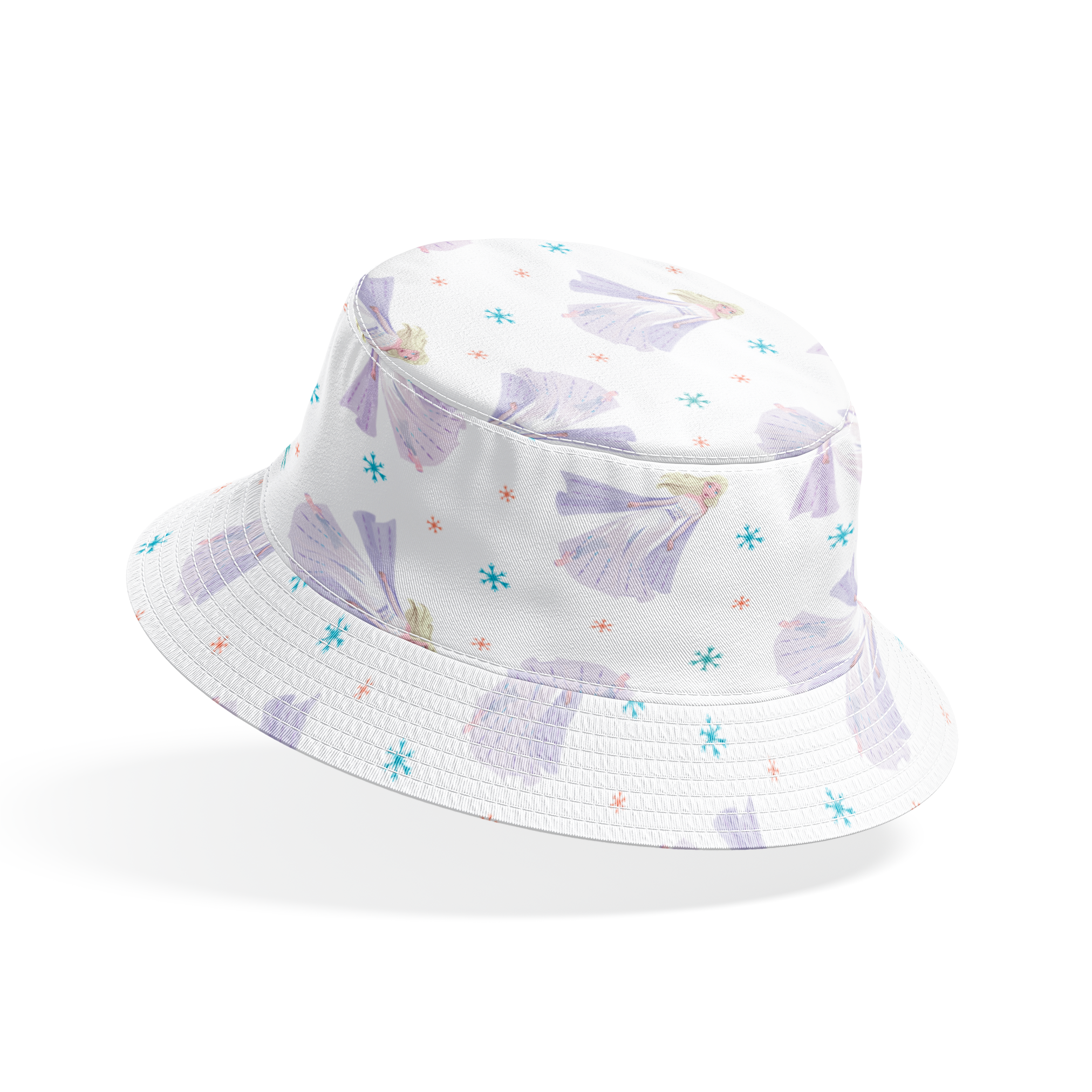 Whimsical pattern of Elsa with colorful snowflakes on white background bucket hat mockup