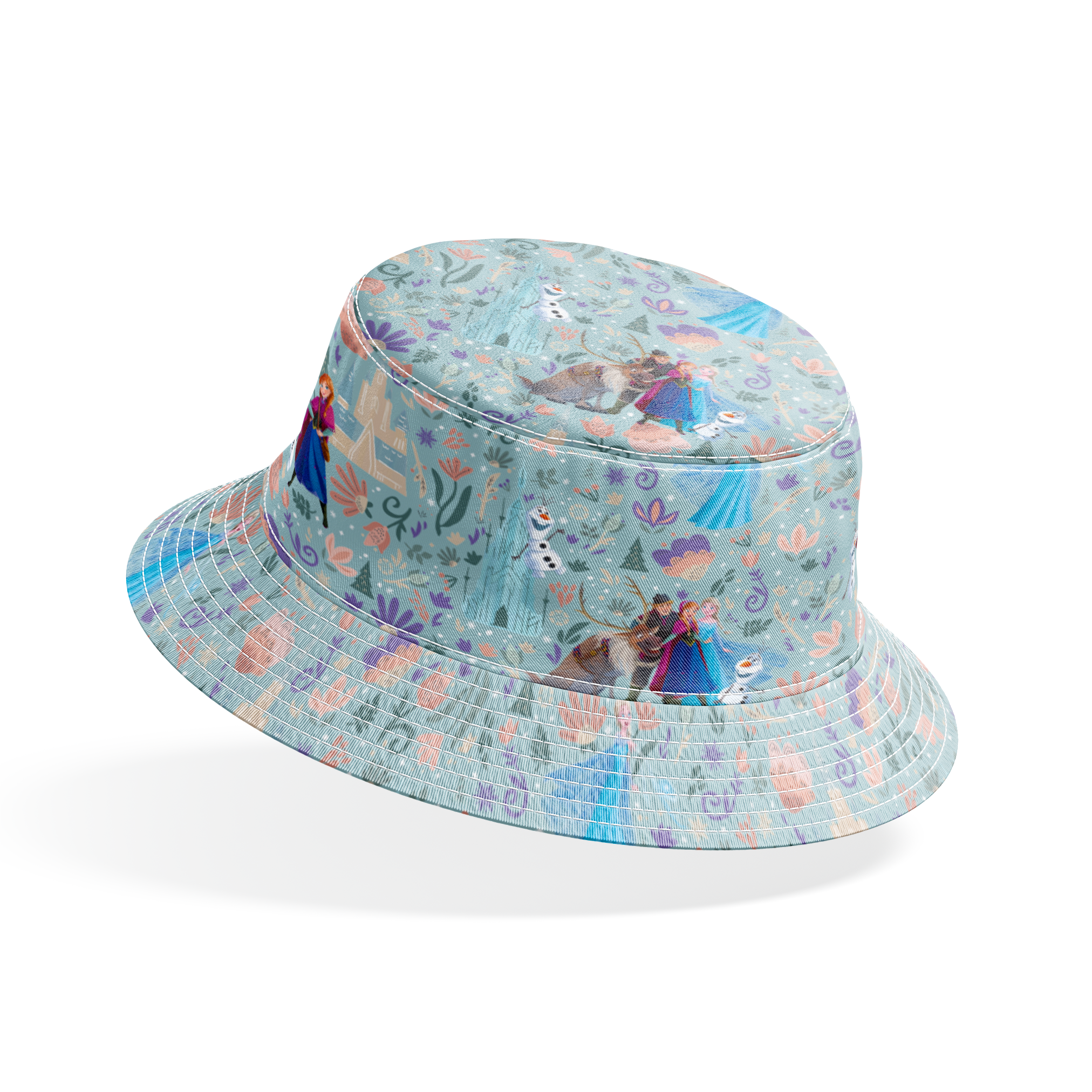 Frozen-themed pattern with the iconic characters, snowmen, flowers, and swirls on a light blue background bucket hat mockup