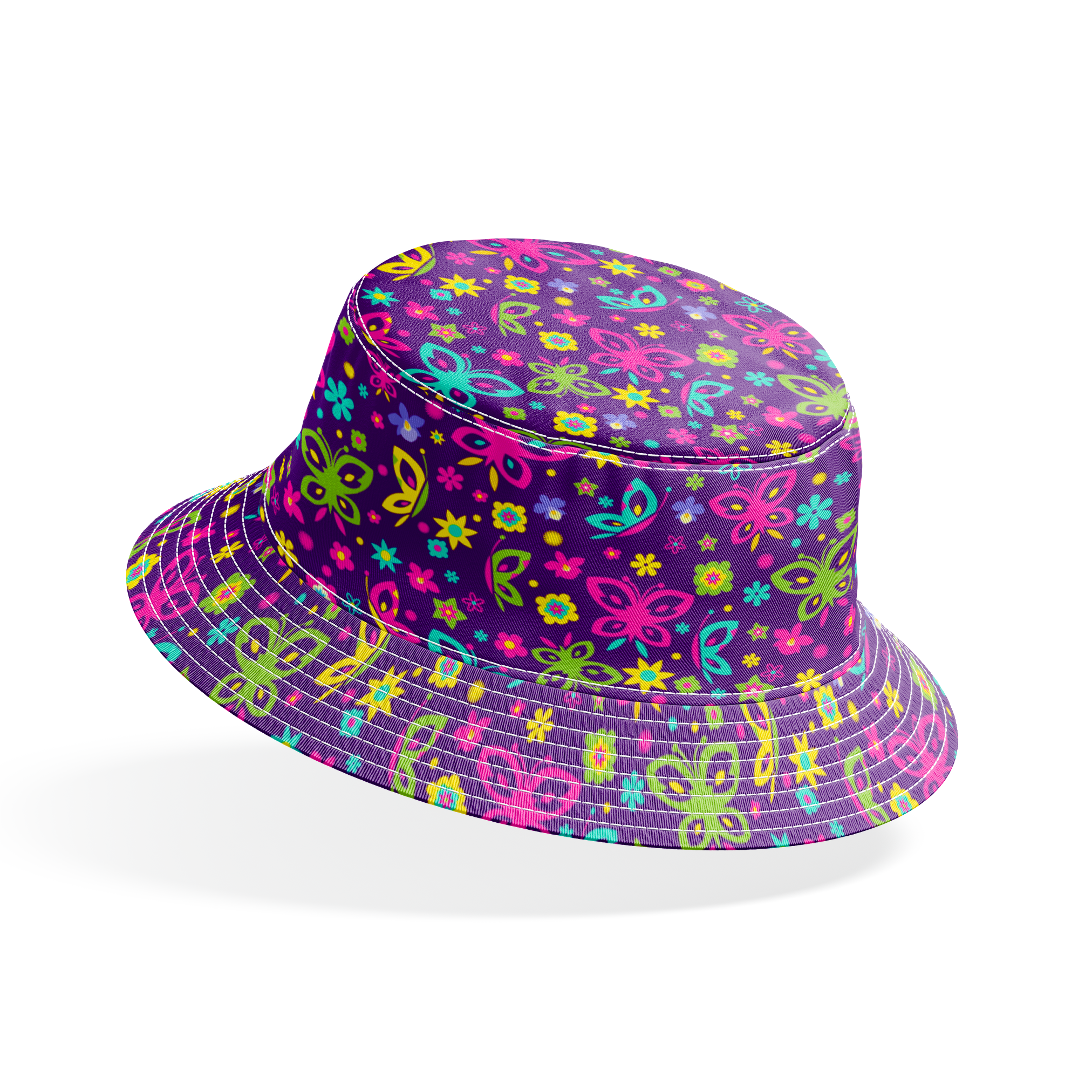 Colorful butterfly and flower pattern on purple background with pink, blue, green, and yellow designs bucket hat mockup