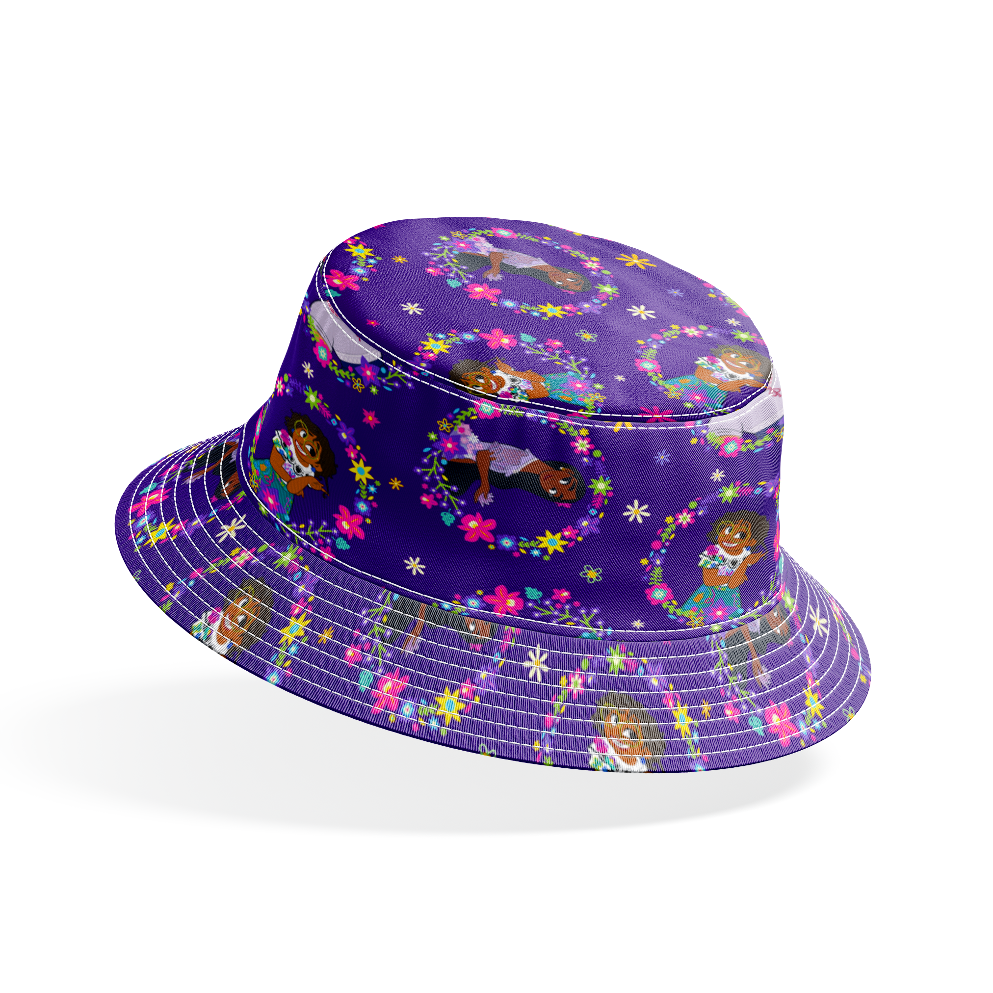 Colorful cartoon characters in floral wreaths pattern on deep purple background with stars bucket hat mockup