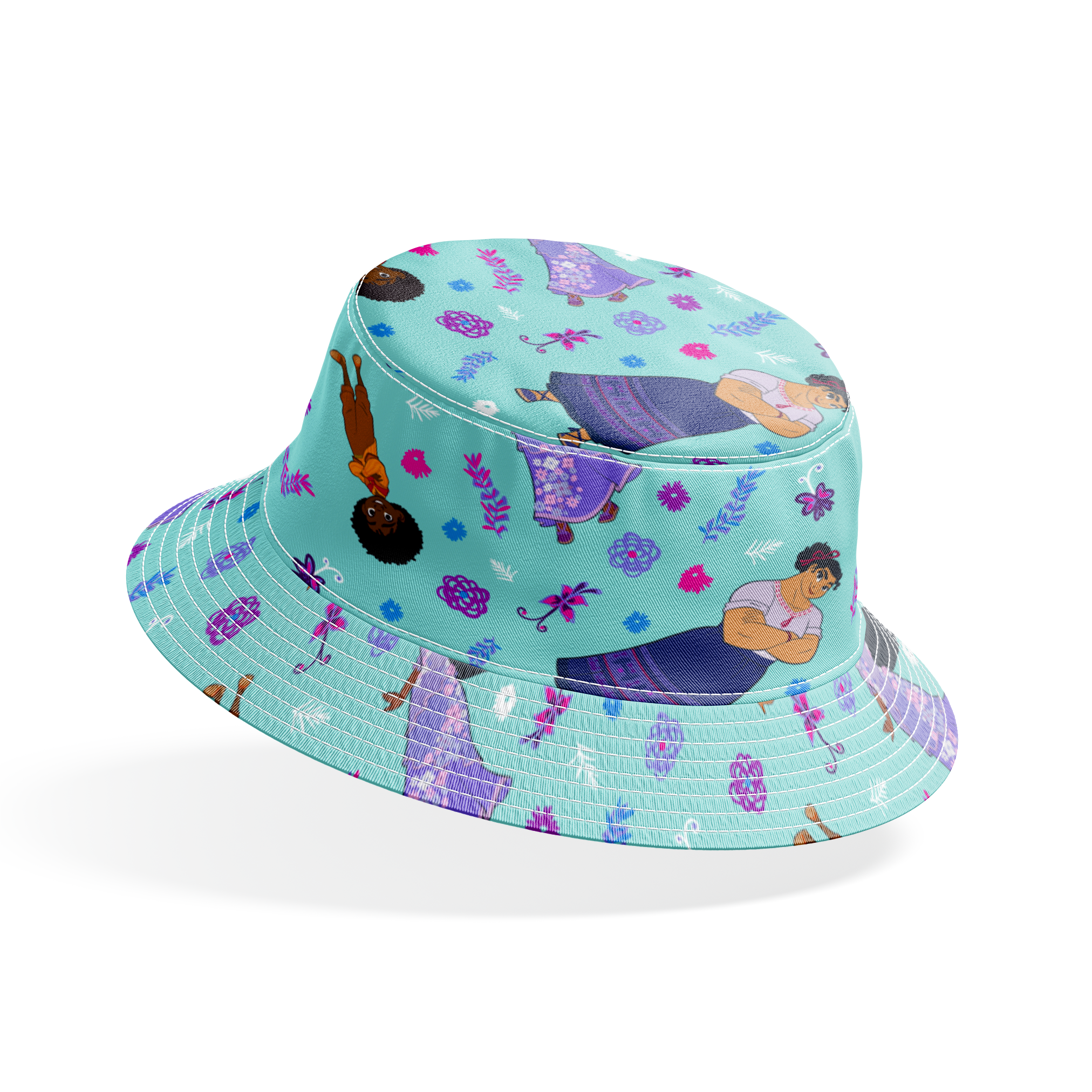 Colorful pattern with figures in traditional clothing, butterflies, and floral elements on teal background bucket hat mockup