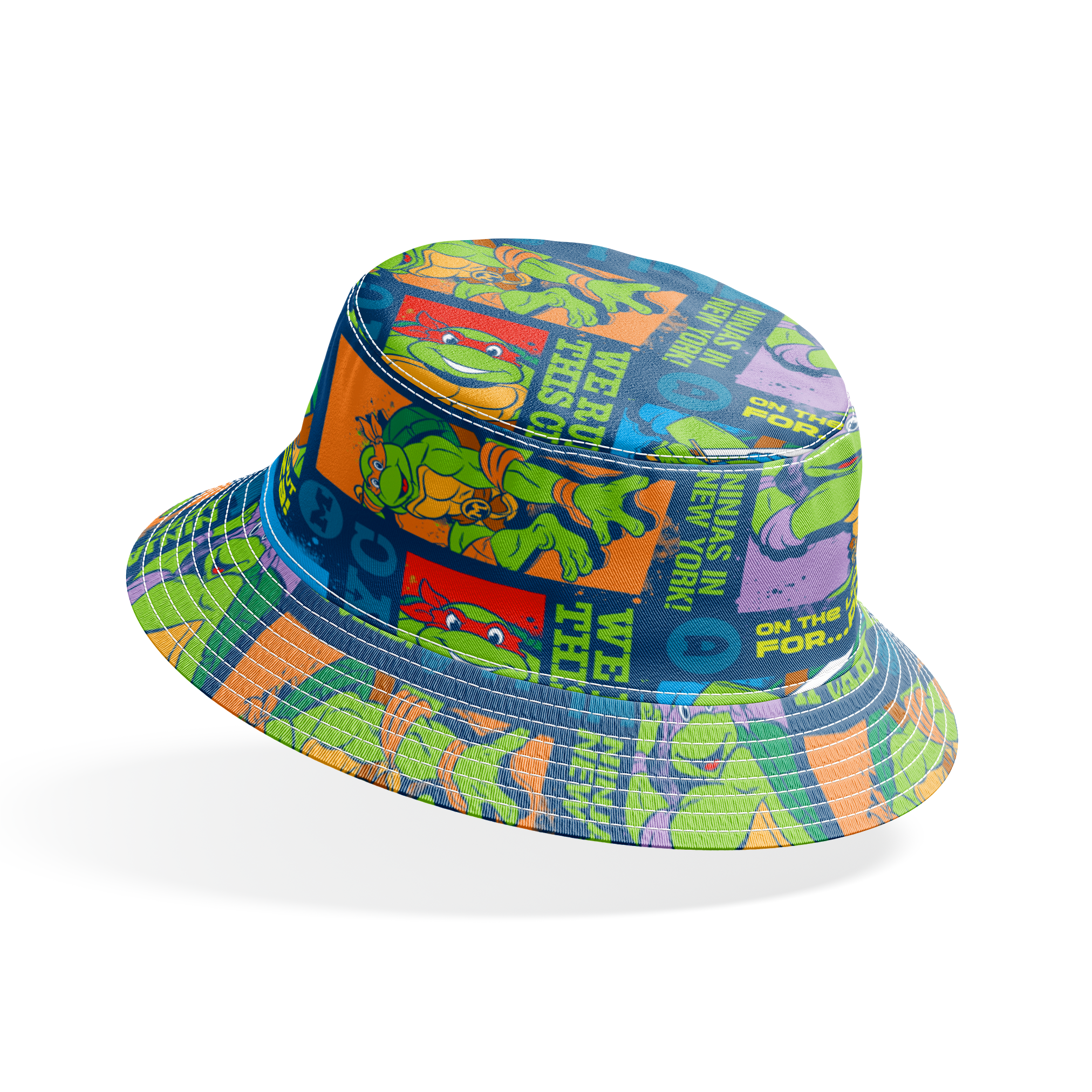 Teenage Mutant Ninja Turtles comic-style panels with characters in action poses and phrases like "Catchin' a Cab!" and "On the Lookout for Pizza! bucket hat mockup