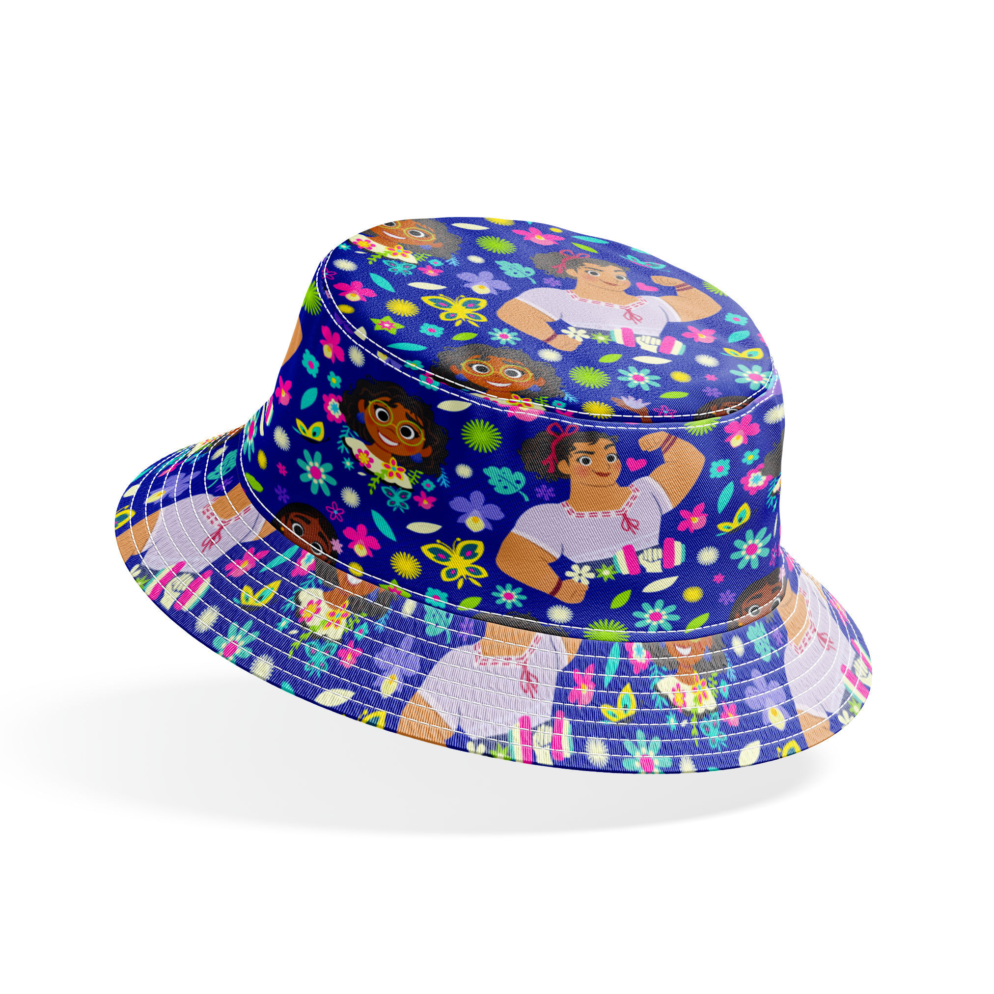 Colorful cartoon characters surrounded by bright flowers on vibrant blue background bucket hat mockup