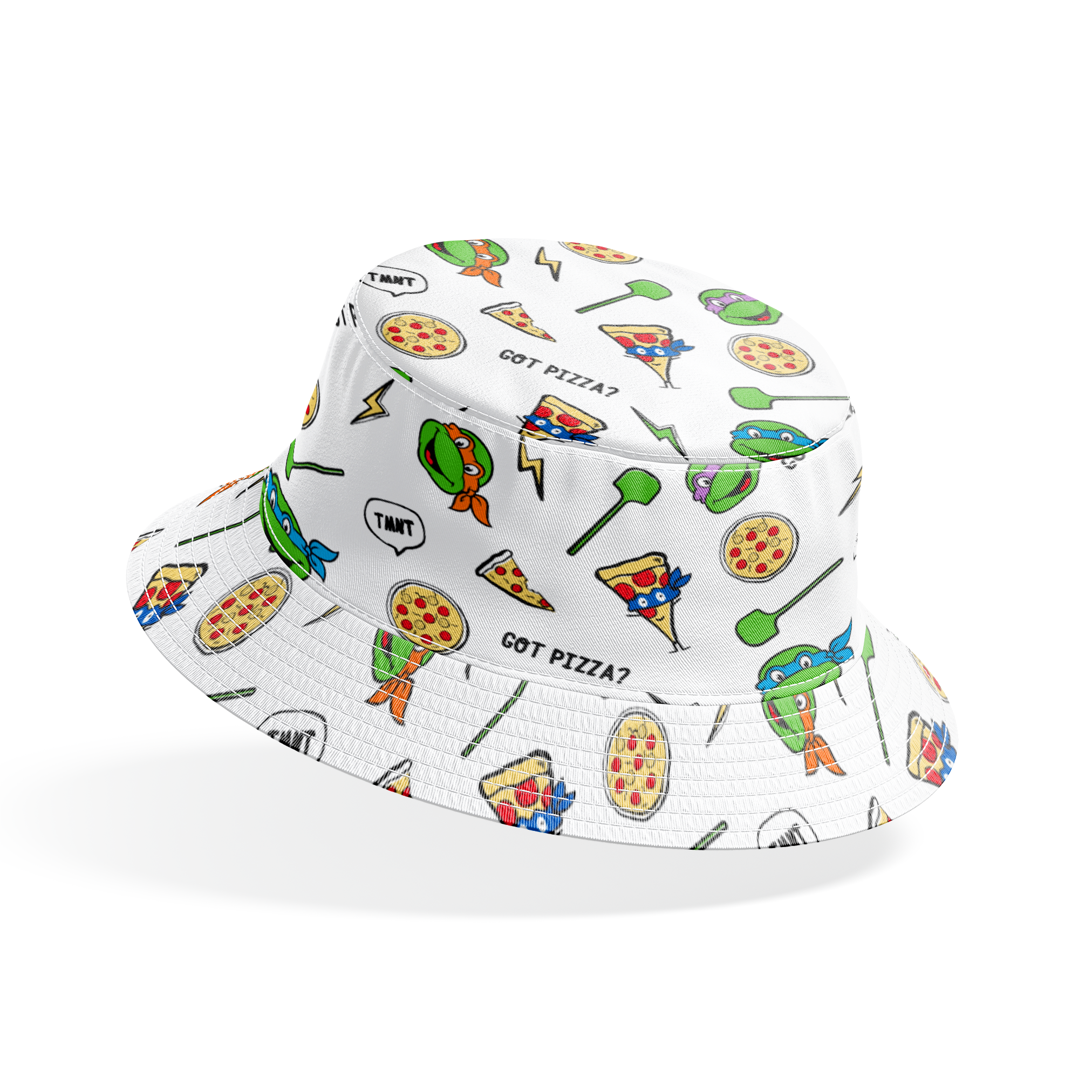 Cartoon pattern with Teenage Mutant Ninja Turtles, pizza slices, whole pizzas, lightning bolts and "GOT PIZZA?" text bucket hat mockup