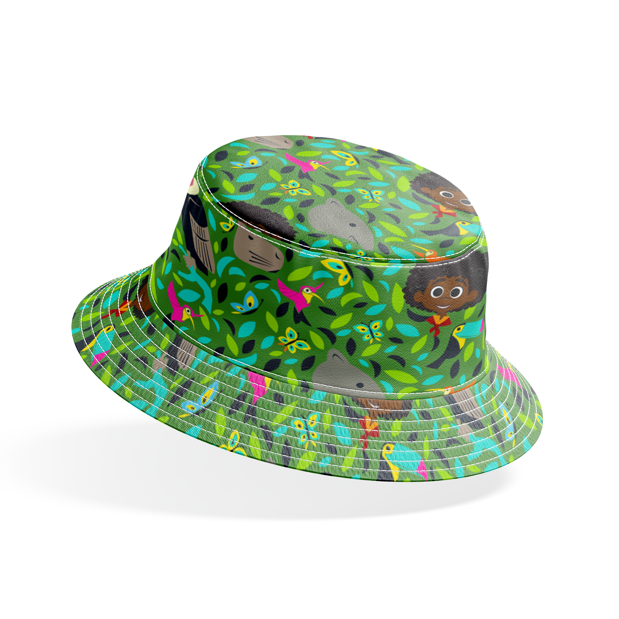 Colorful illustration with children, birds, butterflies, and animals among vibrant green foliage. bucket hat mockup