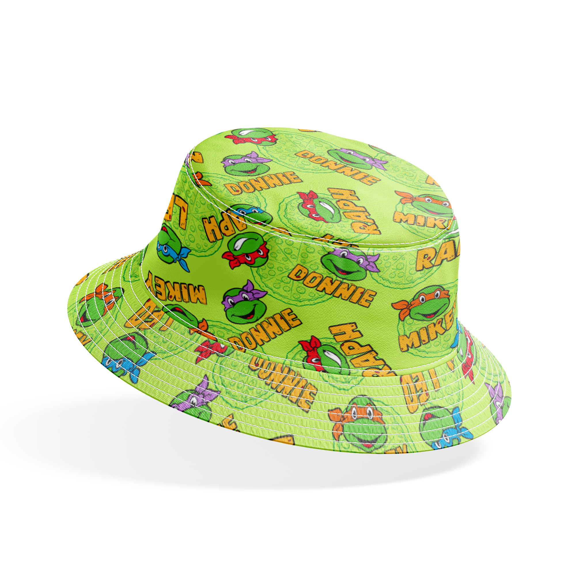 Teenage Mutant Ninja Turtles pattern with cartoon faces, names, and colorful masks on green background bucket hat mockup