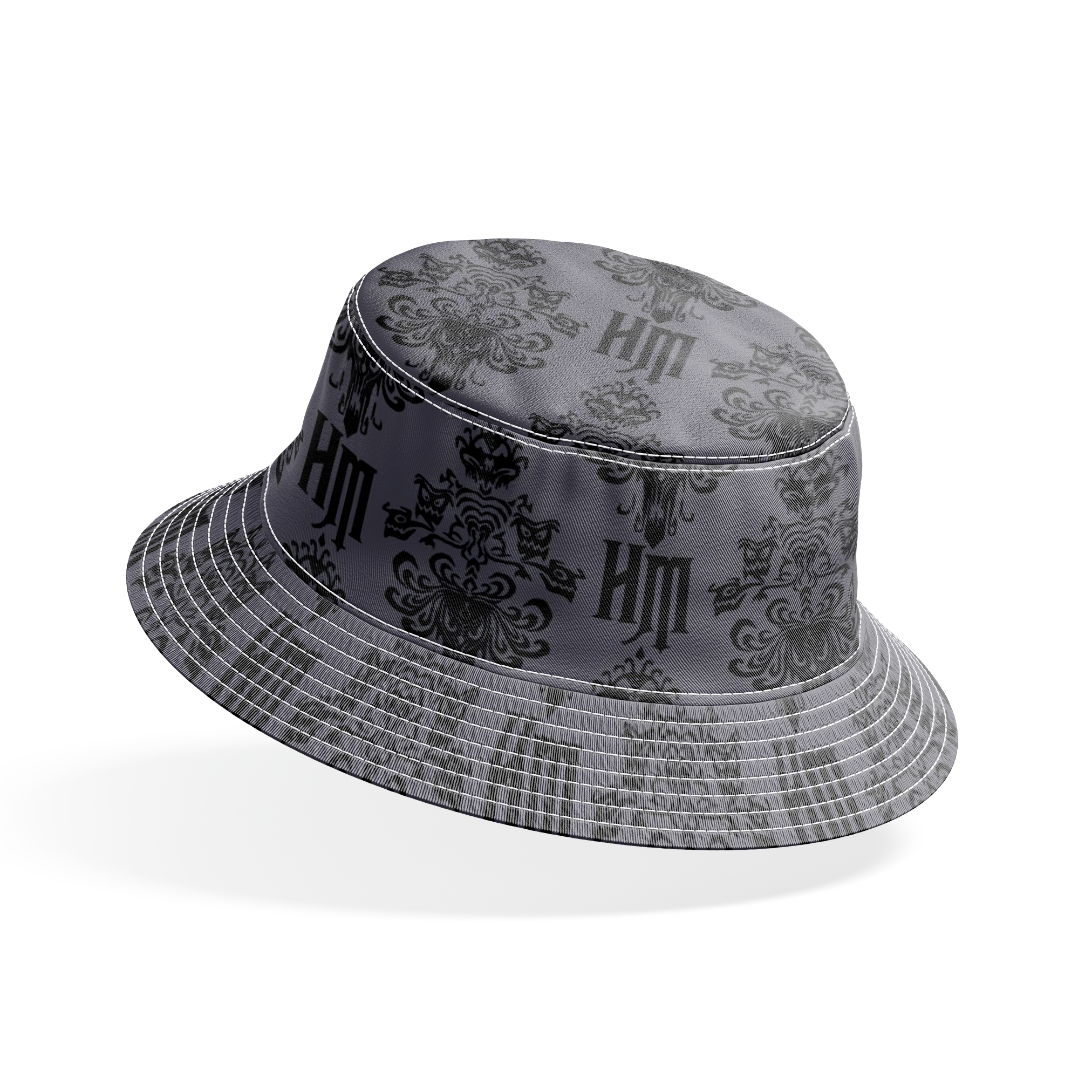 Dark gray background with black ornate damask pattern featuring decorative flourishes and monogram elements bucket hat mockup