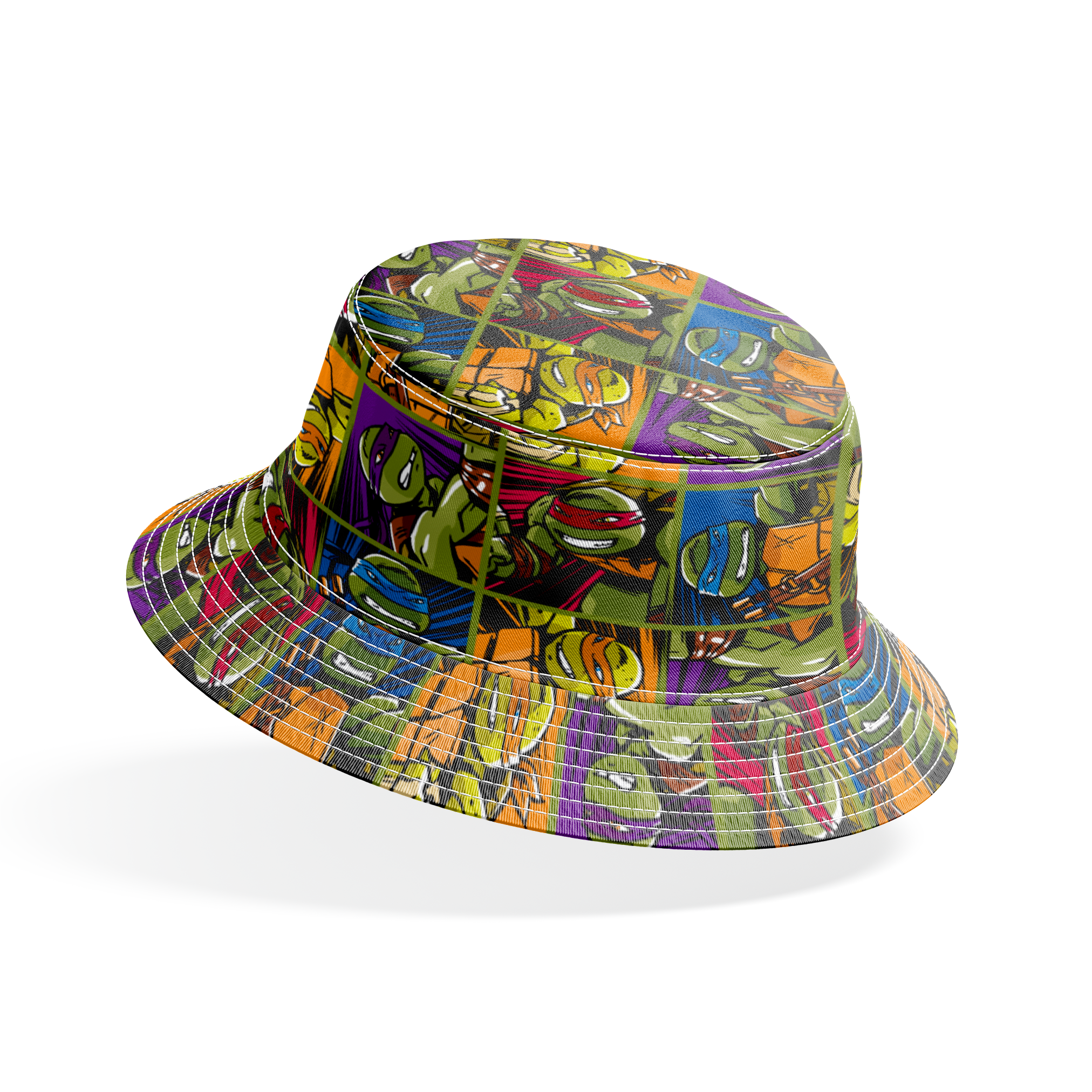 Colorful grid pattern of Teenage Mutant Ninja Turtles characters with various expressions and colored masks bucket hat mockup