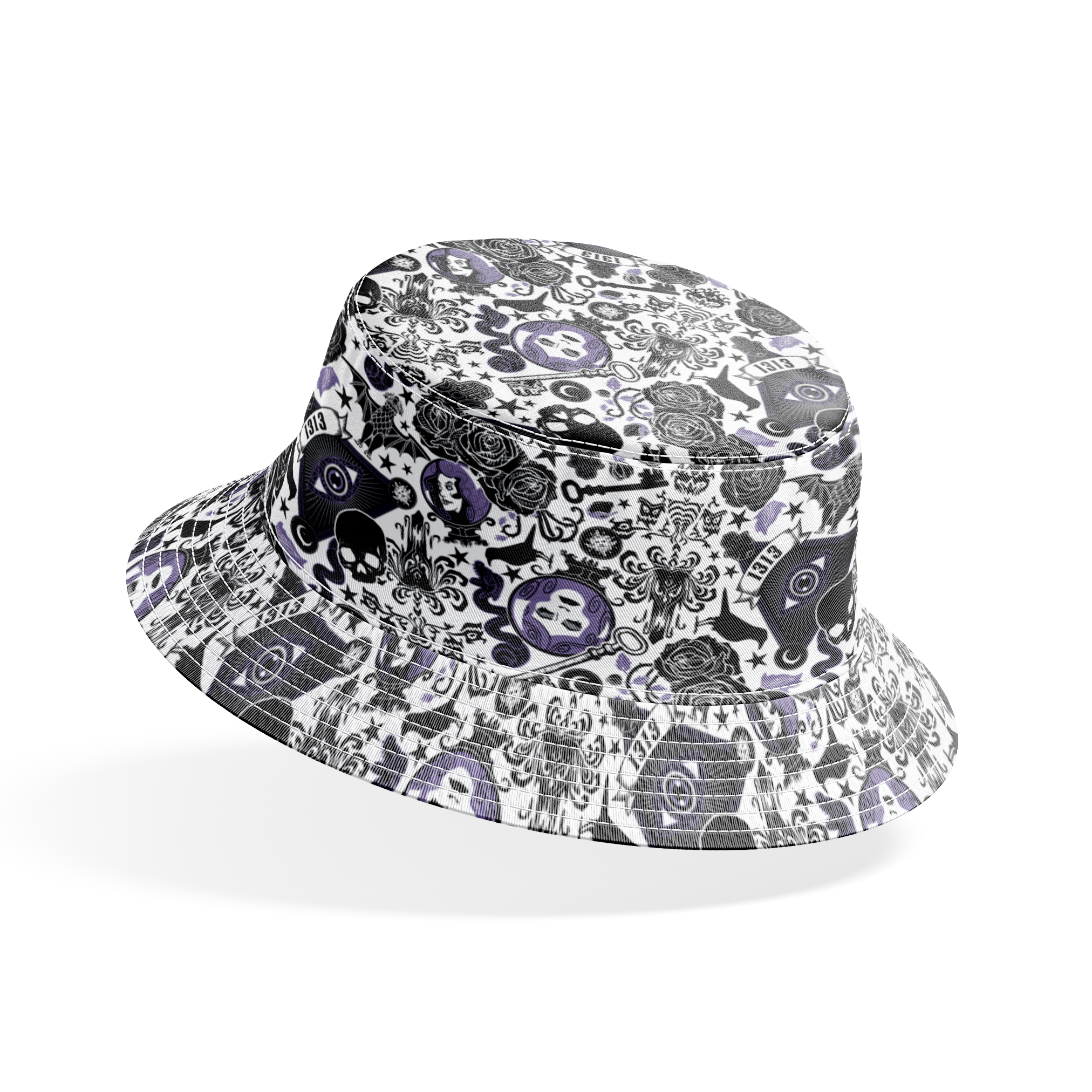 Gothic-inspired pattern with roses, medallions, ravens, and Victorian motifs in black and purple bucket hat mockup